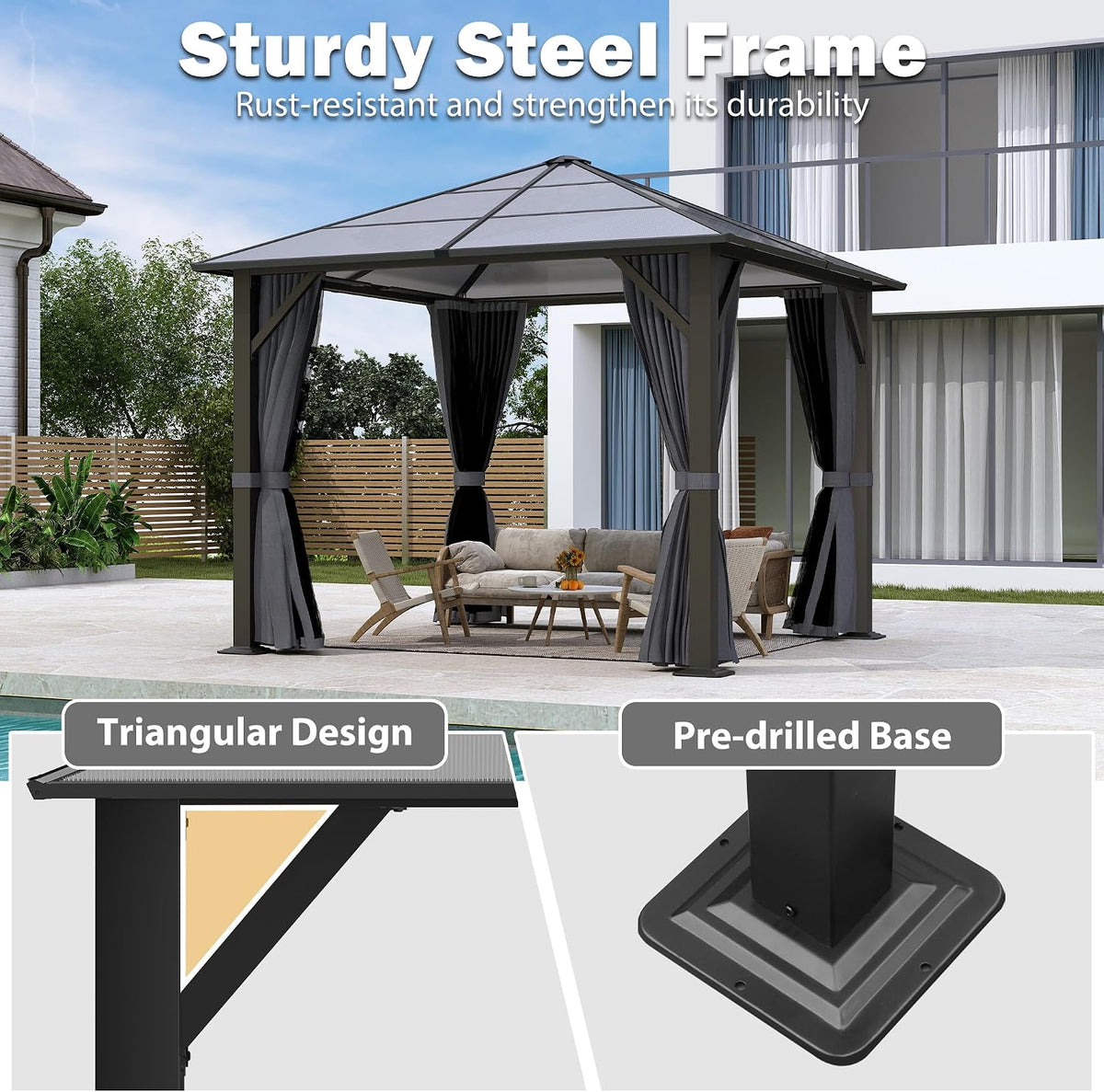 10x10FT Gazebo Hardtop, Outdoor Patio Gazebos with Polycarbonate Roof & Steel Frame, Outdoor Pavilion with Gray Curtain&Netting for Backyard/Lawn/Garden/Deck