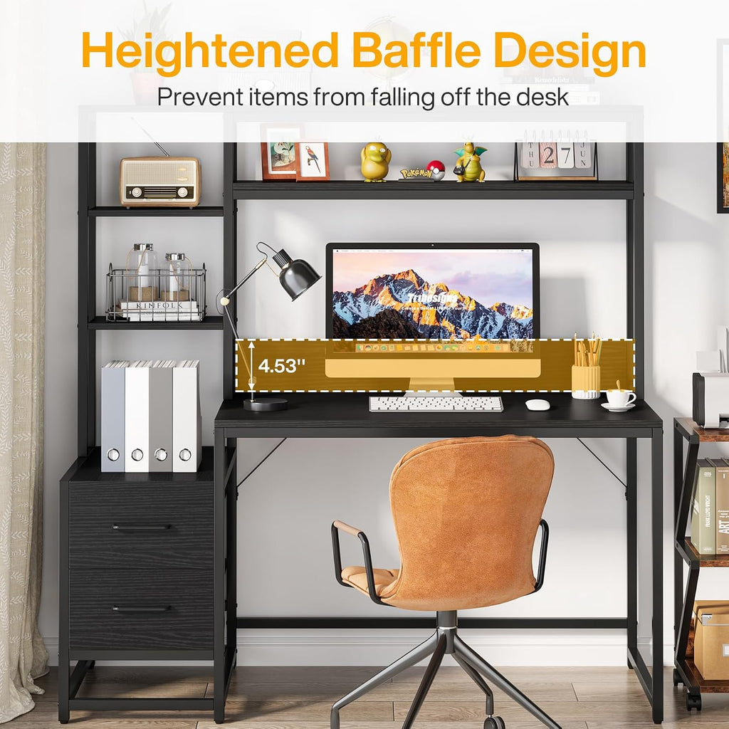Tribesigns 55 Inch Computer Desk with 2 Drawers and Storage Shelves, Rustic Office Desk with Hutch, Study Writing Gaming Table Laptop Workstation for Home Office (Black)