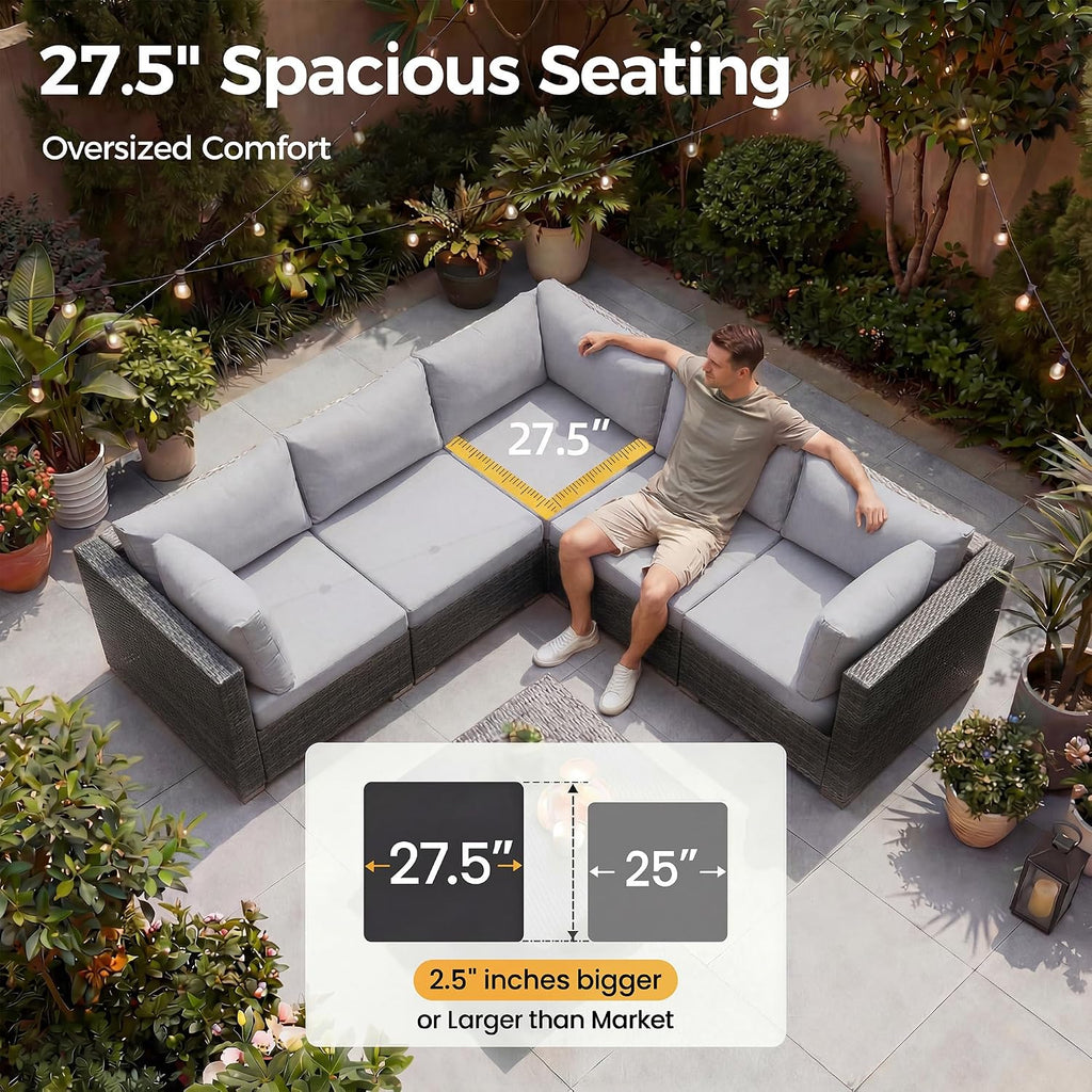 NICESOUL 6 Seats Modern Outdoor Furniture Set with Firepits Natural Gas/Propane, Extra Large Wicker Patio Sofa Sectionals for Outside, 29.3'' High Backrest Modular Deep Seated Conversations, Gray