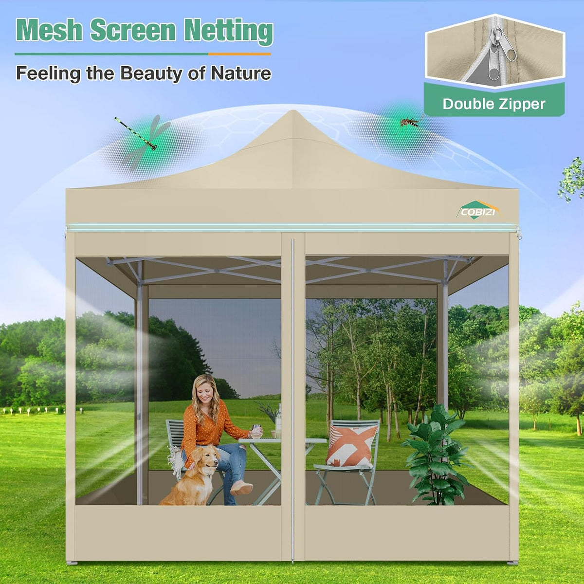 COBIZI 10x10 Canopy Tent, Heavy Duty Pop up Canopy with Sidewalls, Waterproof Easy Setup Canopy with Mosquito Netting, Outdoor Instant Screen Tents for Parties, Wedding, Backyard with Carry Bag, Khaki