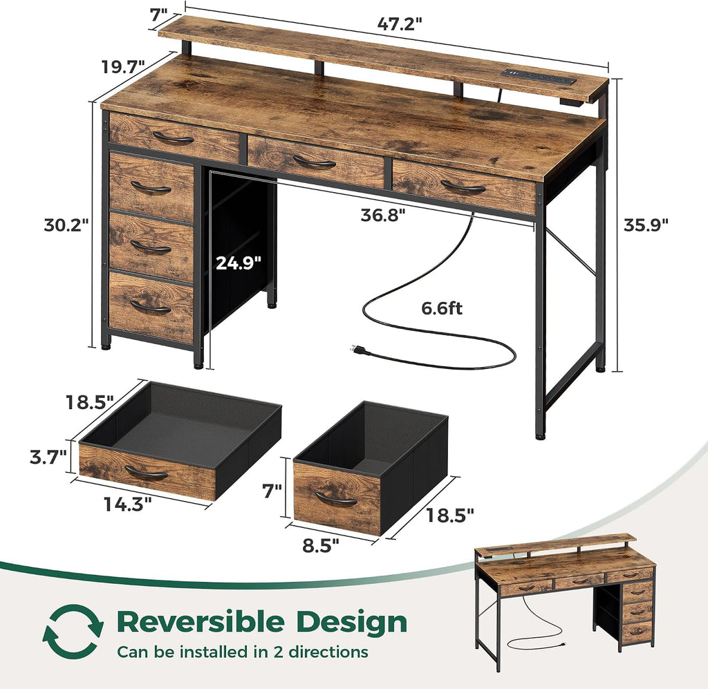 Huuger Gaming Desk with 6 Drawers, Computer Desk with LED Lights Power Outlets and Type-C, 47 Inch Office Desk with Storage, Monitor Stand, Writing Desk Work Desk for Home Office, Study, Rustic Brown