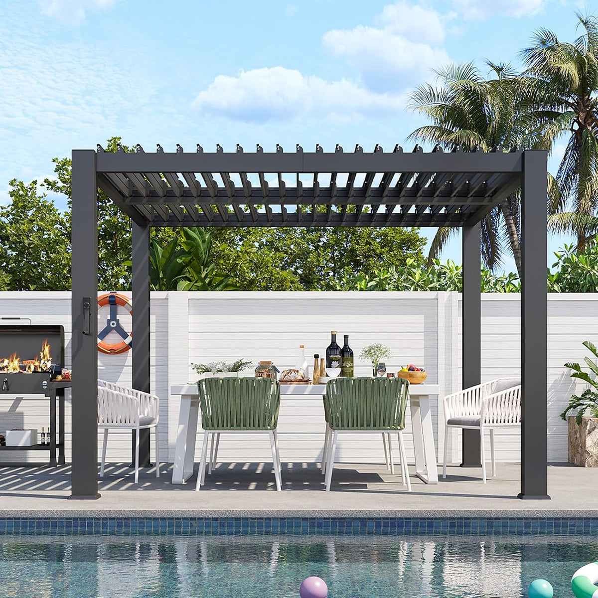 Aoxun Louvered Pergola 10' x 10' 96S Outdoor Metal Pergola with Adjustable Top for Decks, Gardens and Backyards, Easy Assembly via Structural Patent, Gray
