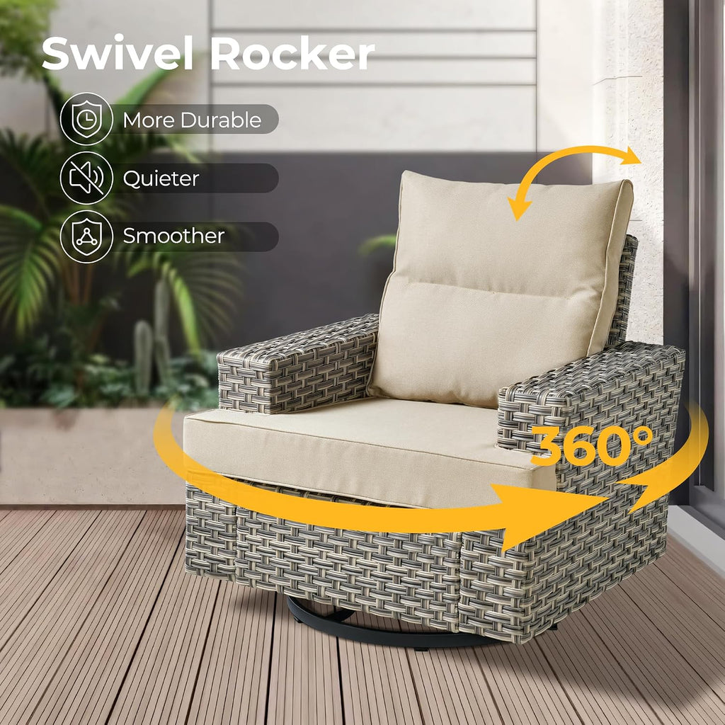 HOOOWOOO Outdoor Sectional Patio Furniture Set with Fire Pit Table,10 Pieces Wicker Conversation Sets L Shaped Couch,Extra Deep Out Door Sofa Outside Furniture with Swivel Rocking Chairs,Beige