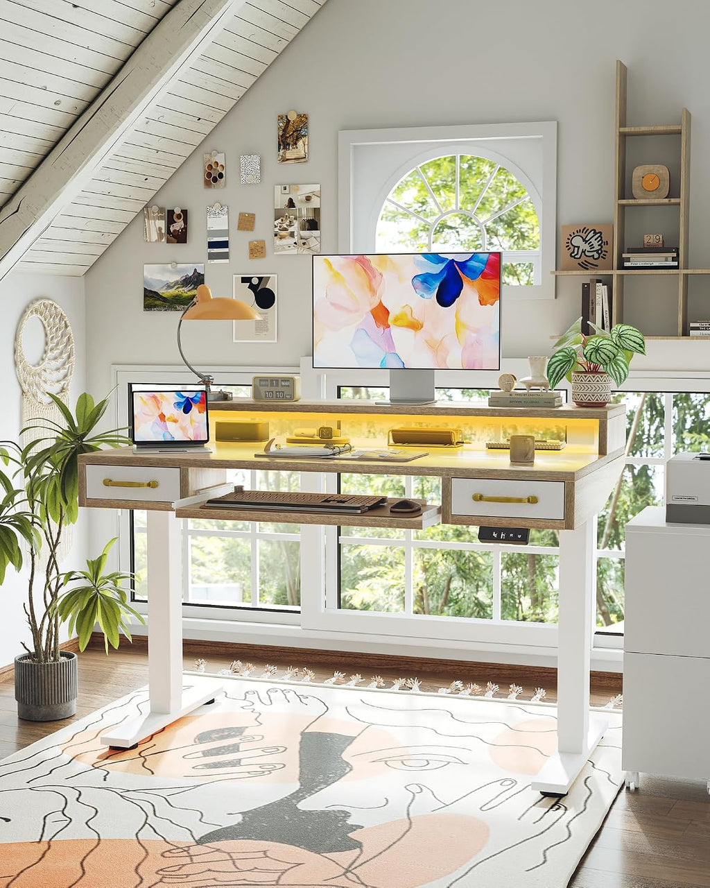 TIQLAB Standing Desk with Two Drawers, Stand Up Standing Desk Adjustable Height, Electric Sit Stand Table with Storage Shelf and Splice Board, with LED Light, 47 * 28 inch, Maple