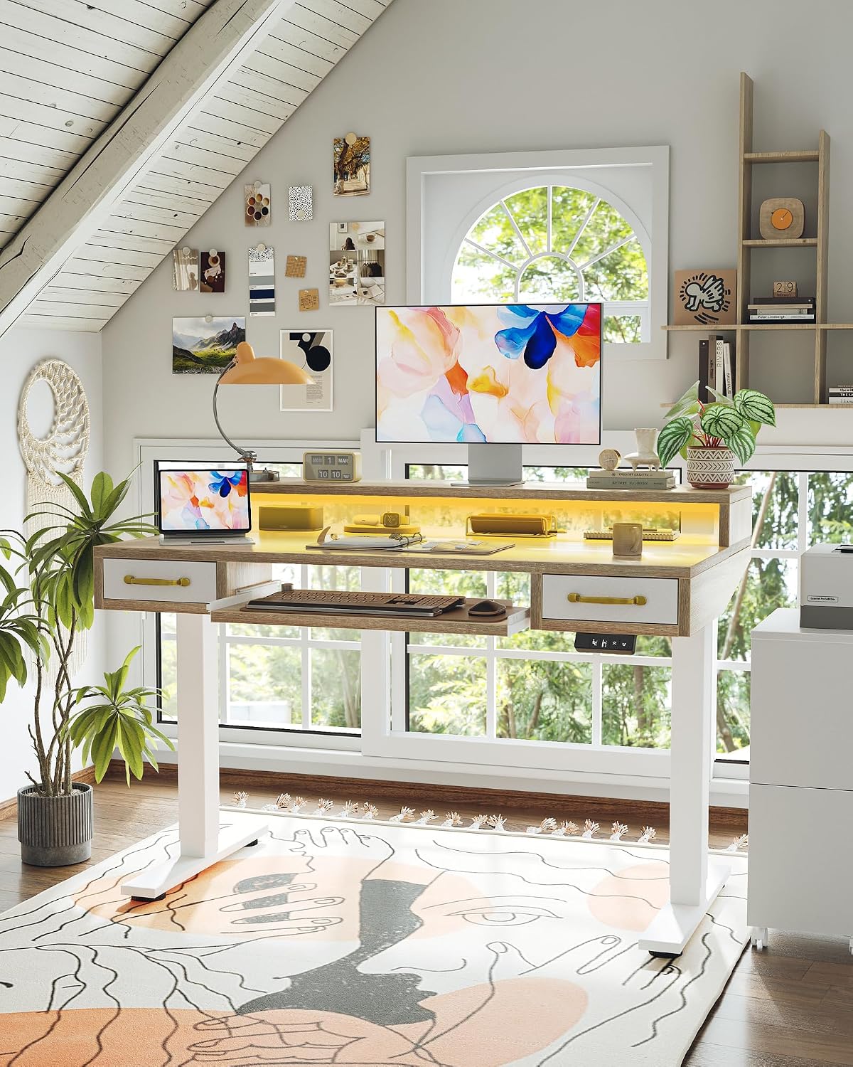 TIQLAB Standing Desk with Two Drawers, Stand Up Standing Desk Adjustable Height, Electric Sit Stand Table with Storage Shelf and Splice Board, with LED Light, 47 * 28 inch, Maple