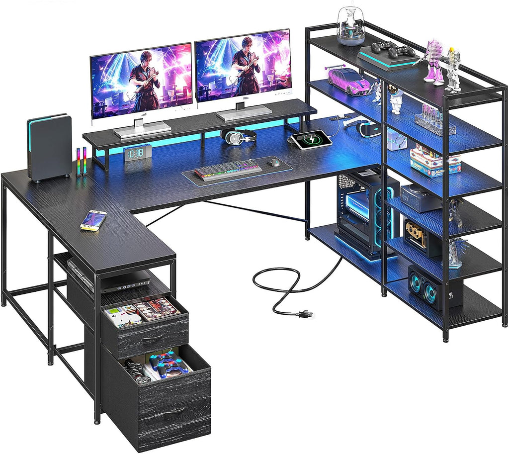 DurayLoly Gaming Desk with 6 Storage Shelves & 2 Fabric Drawers,63'' Computer Desk L Shaped Desk with Power Outlet & LED Strip,Reversible U Shaped Office Desk with Monitor Stand, Black