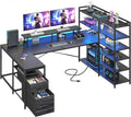 DurayLoly Gaming Desk with 6 Storage Shelves & 2 Fabric Drawers,63'' Computer Desk L Shaped Desk with Power Outlet & LED Strip,Reversible U Shaped Office Desk with Monitor Stand, Black