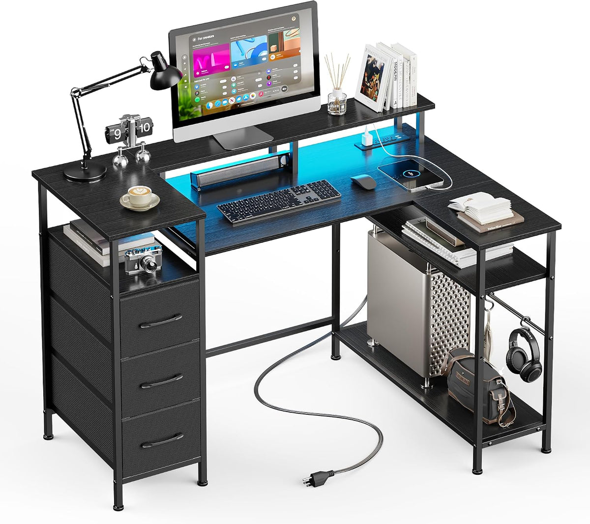 Korfile 47 Inch L Shaped Gaming Desk with Power Outlets and LED Lights, Reversible Computer Desk with File Drawers & Monitor Stand, Corner Gamer Desk Table for Home Office with Storage Shelves, Black