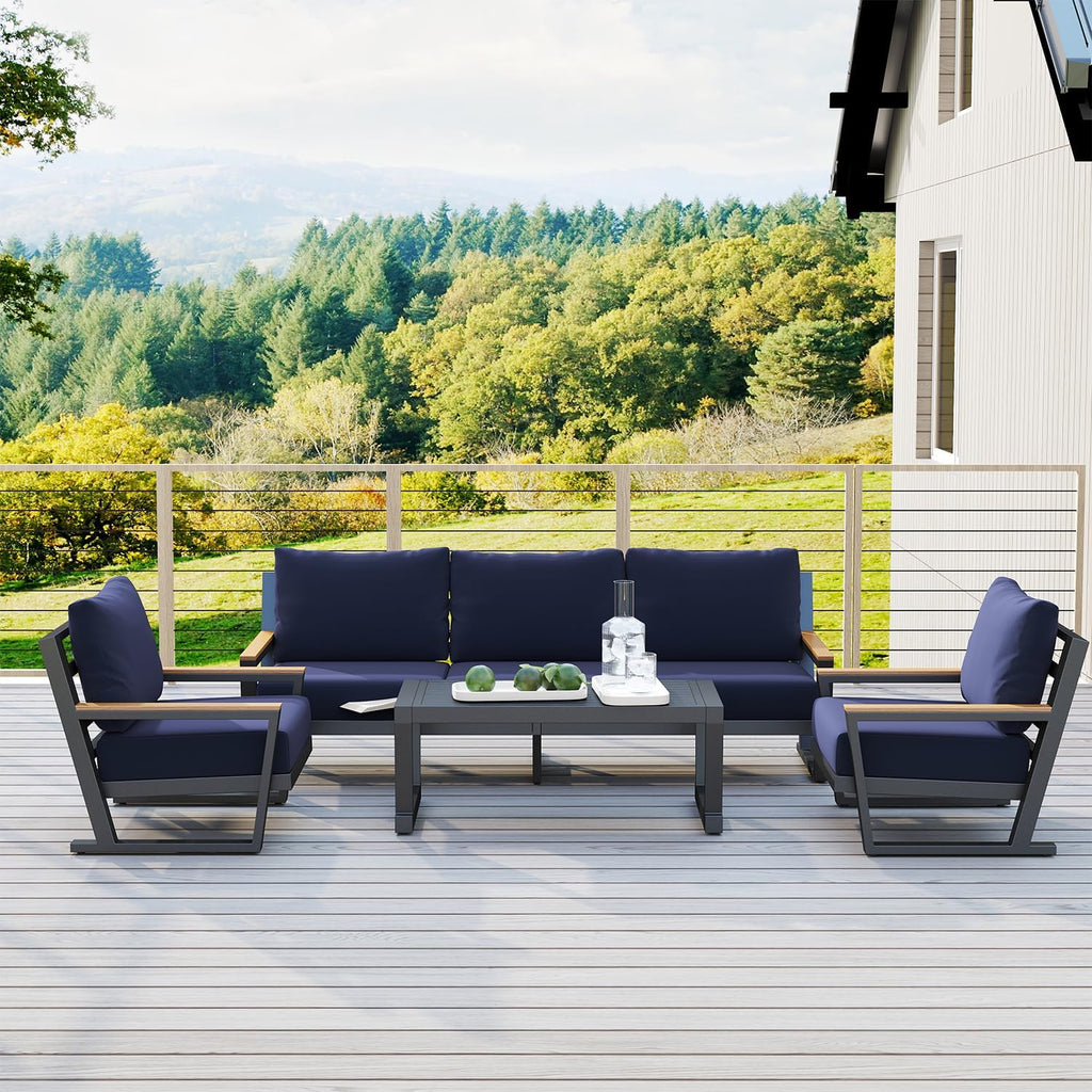 Aug-guan Aluminum Outdoor Sofa,4 Seats Modern Patio Furniture Set,Sectional Sofa Conversation Set with Coffee Table, Upgraded Washable Cushions for Garden Backyard,Blue