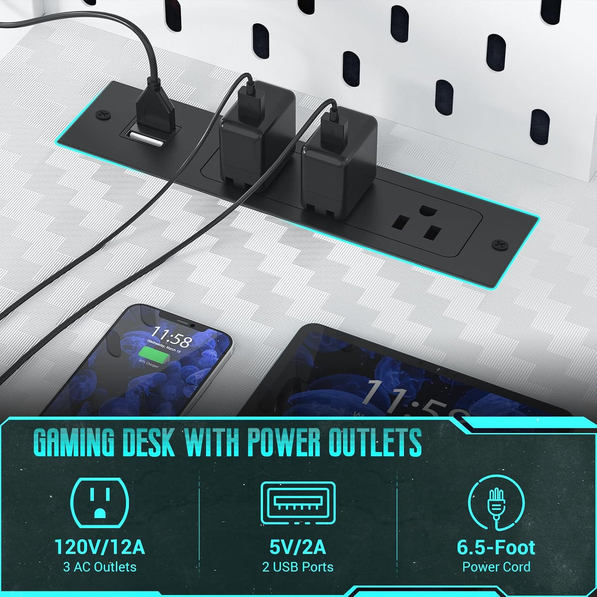 Besiost Gaming Desk with Hutch and LED Lights, Gaming Computer Desk with Power Outlets, Gamer Desk with Storage Shelves, PC Game Desk with Pegboards for Bedroom, Carbon Fiber White, 49'