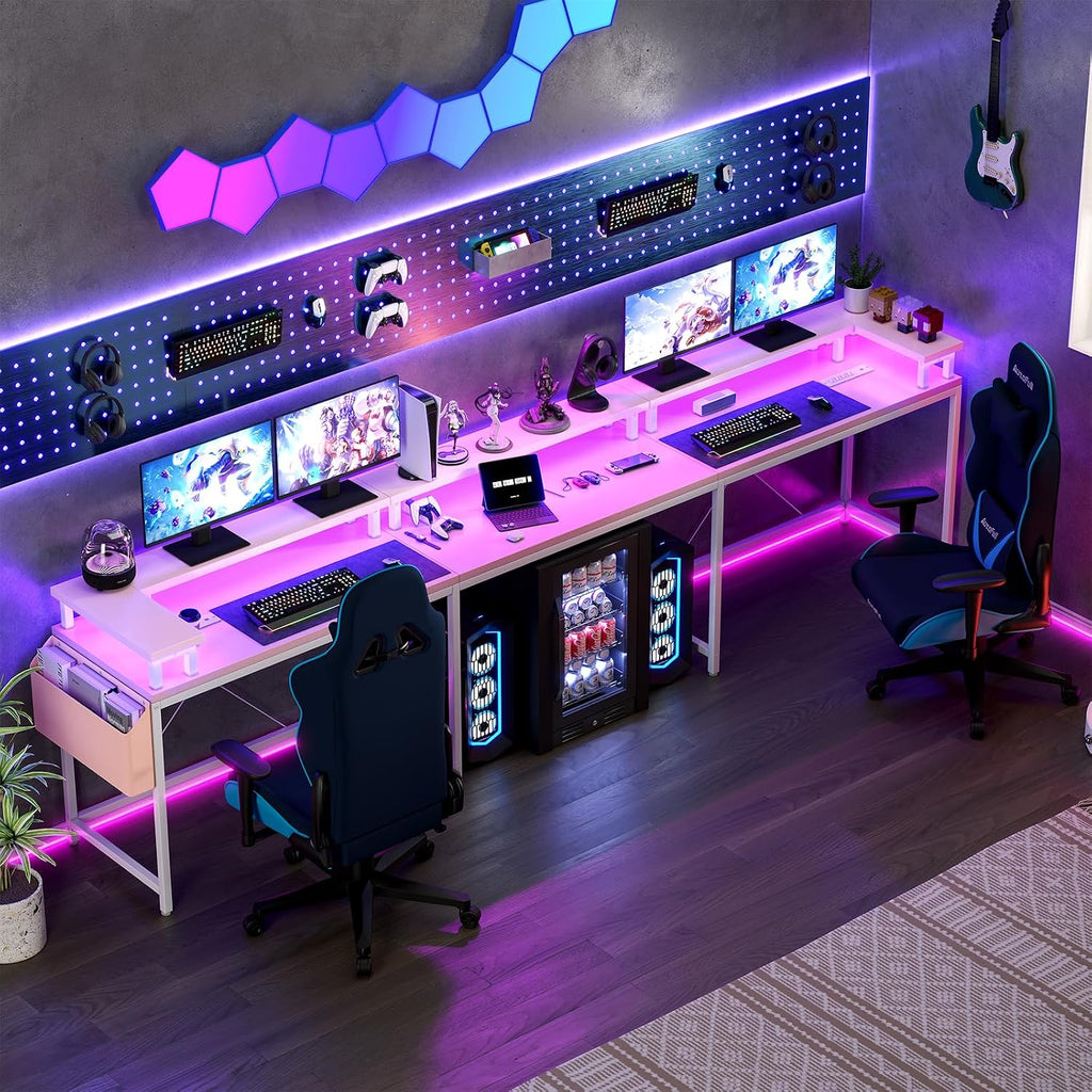 Jojoka U Shaped Computer Gaming Desk, Reversible L Shaped Desk with Power Outlets, LED Strip & Monitor Stand, Large Corner Desk with Storage Shelves for Home Office,Deep Pink