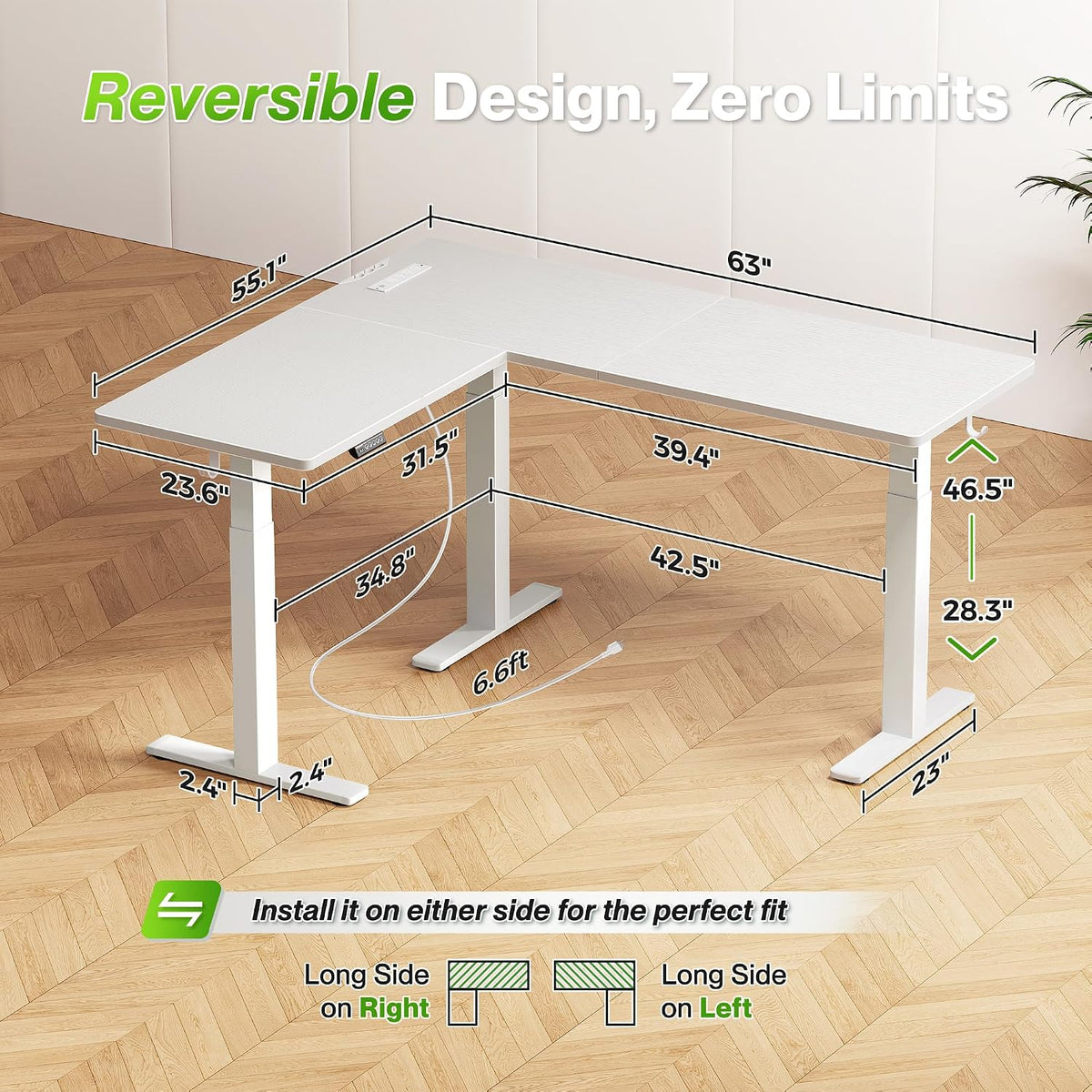 Huuger L Shaped Standing Desk with Power Outlets, 63 x 55 Inch Height Adjustable Computer Desk for Bedroom, Corner Stand up Desk for Home and Office, Work and Study, White