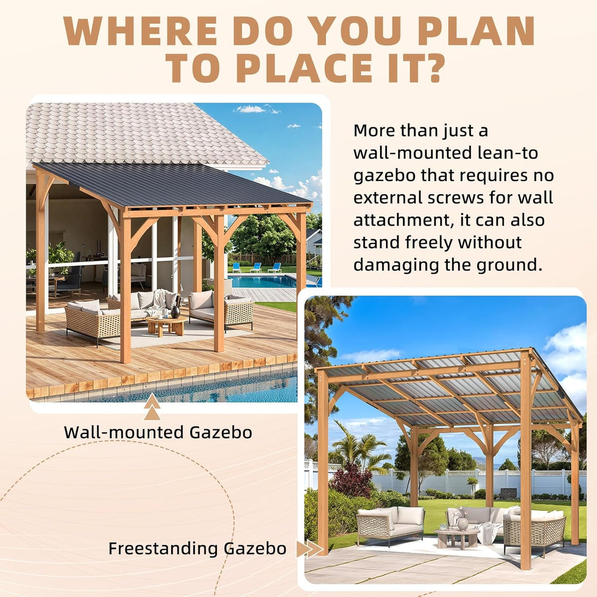 AECOJOY 10' x 10' Outdoor Wood Ceder Gazebo for Patio, Outdoor Lean to Hardtop Pergolas and Gazebos Clearance, Wall Mounted Wooden Gazebo Heavy Duty Awnings for Patio, Decks, Backyard