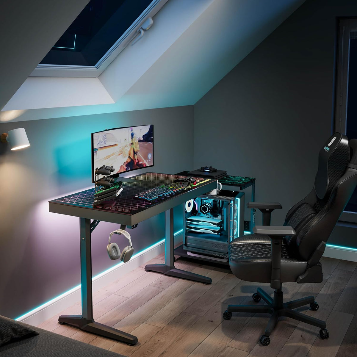 EUREKA ERGONOMIC RGB LED Gaming Desk, Music Sync Lights Up Tempered Glass Desktop, 43' GTG I43 Home Office Computer Table W Controller Rack 4 USB Charging Ports, APP Control