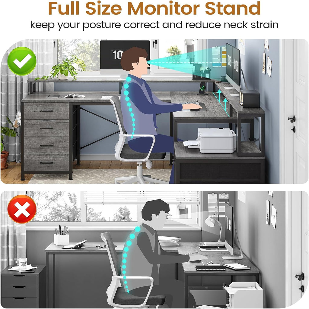SEDETA L Shaped Desk with 6 Drawer, 108' Home Office Desk with File Drawer & Power Outlet, Corner Computer Desk with Monitor Shelf, Two Person Desk, Gaming Desk with Led Lights, Grey