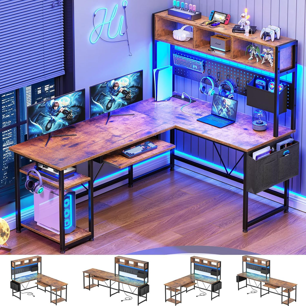 SEDETA L Shaped Gaming Desk with Hutch, 57.5' Reversible Corner Computer Desk with Storage Shelves, Gaming Desk with Pegboard, LED Lights, Power Outlet, Keyboard Tray (Rustic Brown)