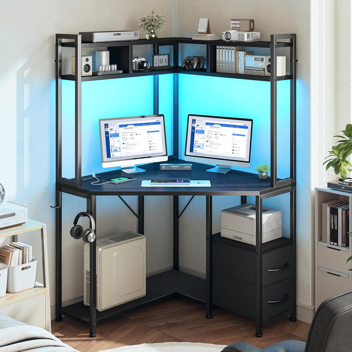 DurayLoly Corner Desk, 35.4' W x 63' H Small Gaming Desk and Black Office Desk with Hutch & LED Lights, Computer Desk with Drawers for Storage & Shelves and Hook for Small Space, Black