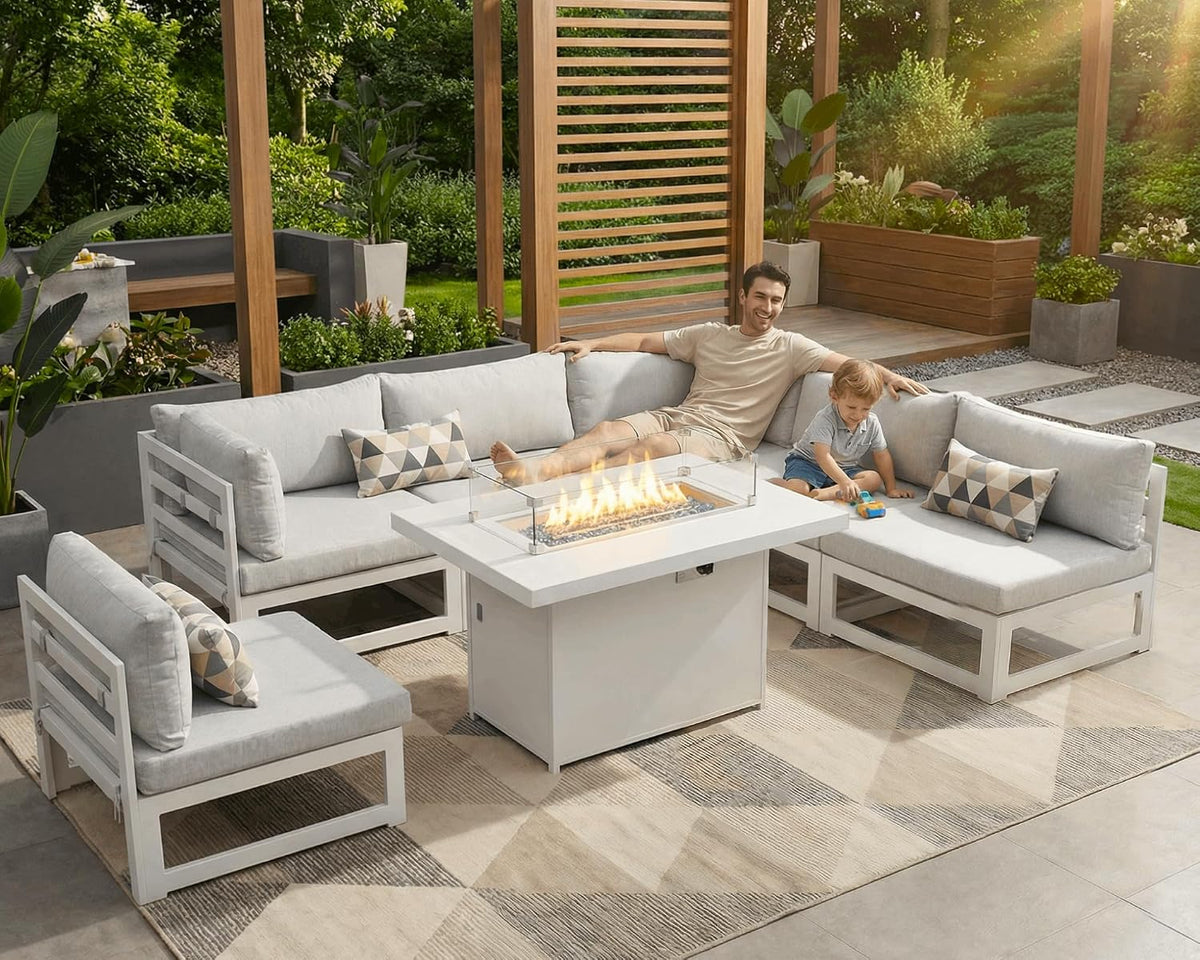 RADIATA 6 Person Large Modern Aluminum Outdoor Patio Furniture Set with Fireplace, 29' Wide Deep Seating, U Shaped Combo Sectional Couch, Water Resistant Conversation Set for Backyard Terrace, White