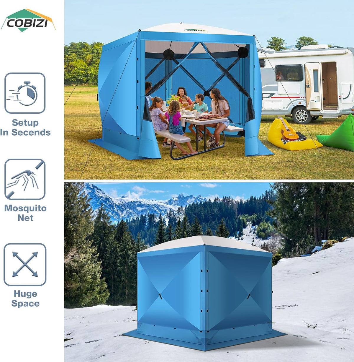 COBIZI 10x10 Pop Up Gazebo Screen Tent Screen House for Camping, Screen Room with Mosquito Netting, Hub Tent Instant Screened Canopy with Carrying Bag and Ground Stakes, Blue