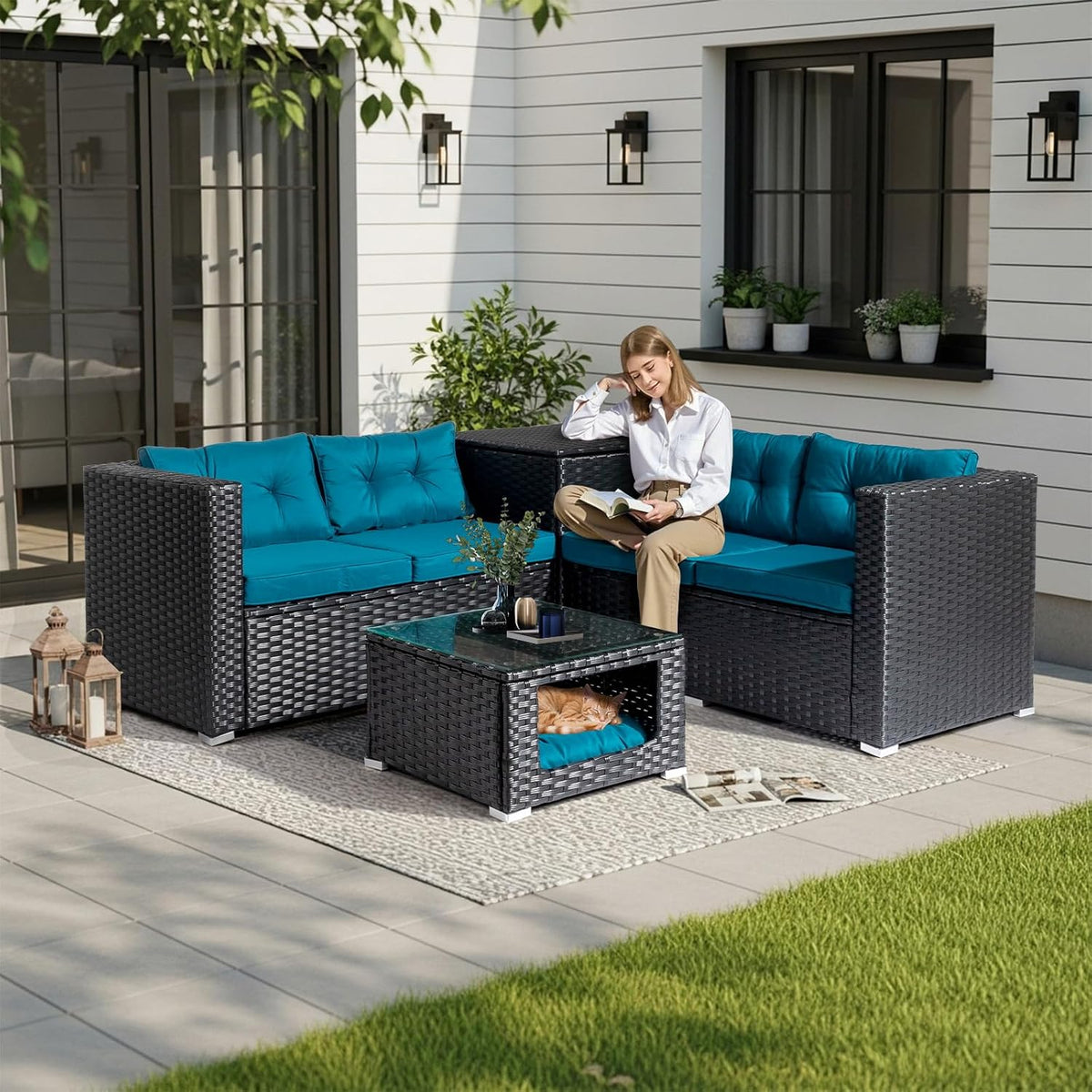 VINGLI 4 Pieces Outdoor Sectional Wicker Patio Furniture with Storage, Patio Sectional Sofa Outdoor Couch Conversation Set, Glass Top Coffee Table for Backyard, Pool, Garden(Black)