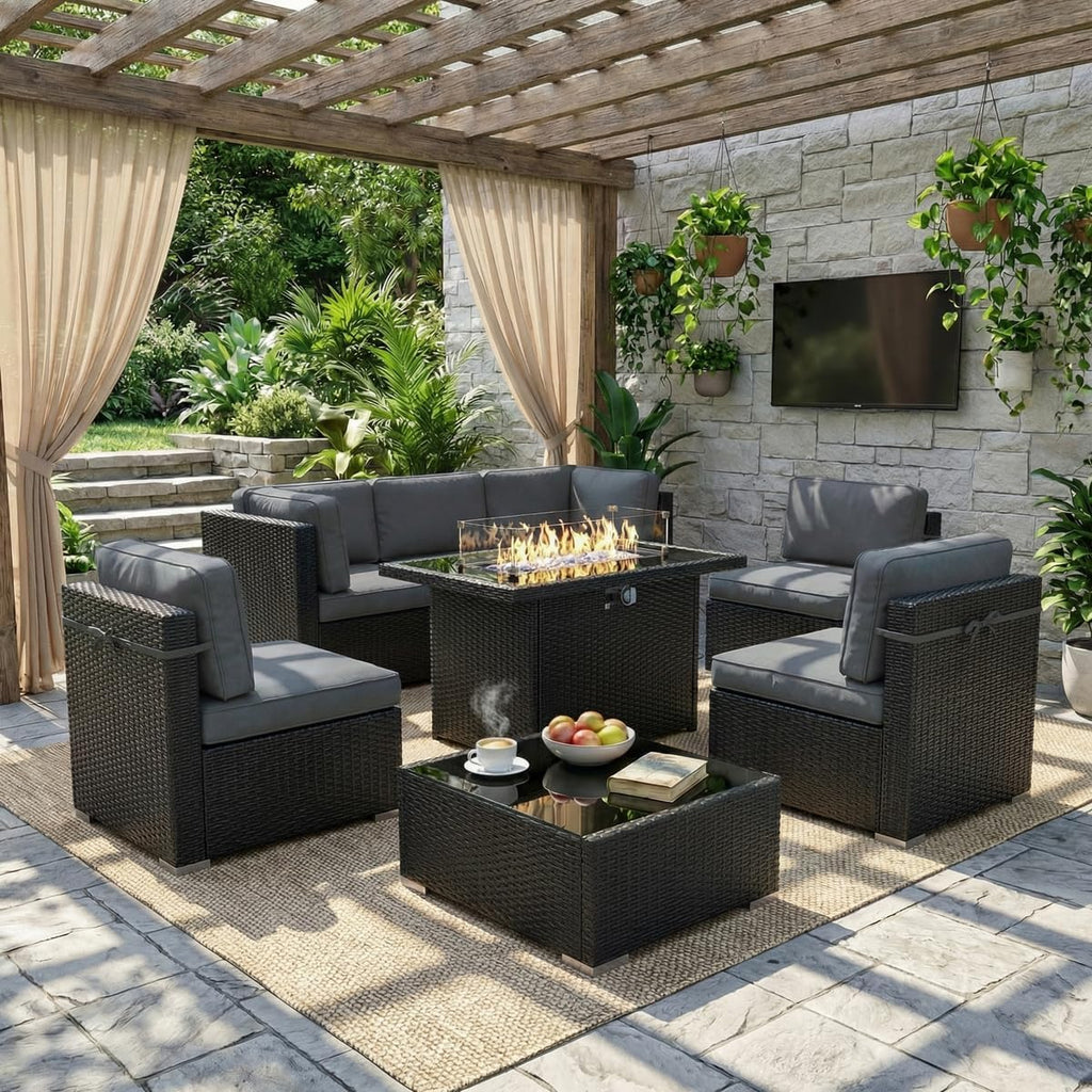 LayinSun 8 Piece Patio Furniture Set with 44' Propane Gas Fire Pit Table, Outdoor Sectional Conversation Set Wicker Rattan Sofa Set with Coffee Table