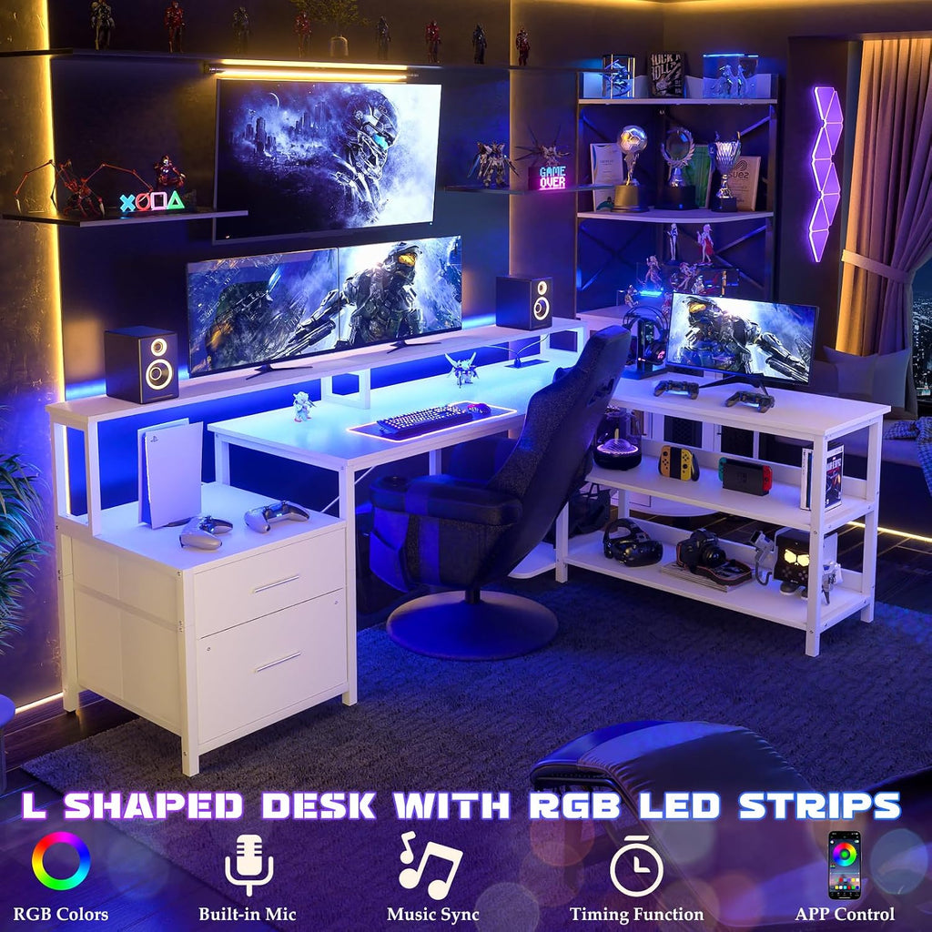 Aheaplus L Shaped Desk with File Drawer, 66' Reversible L Shaped Computer Desk with Power Outlet & LED Strip, Gaming Desk with Long Monitor Stand, Office Desk Corner Desk with Storage Shelf, White