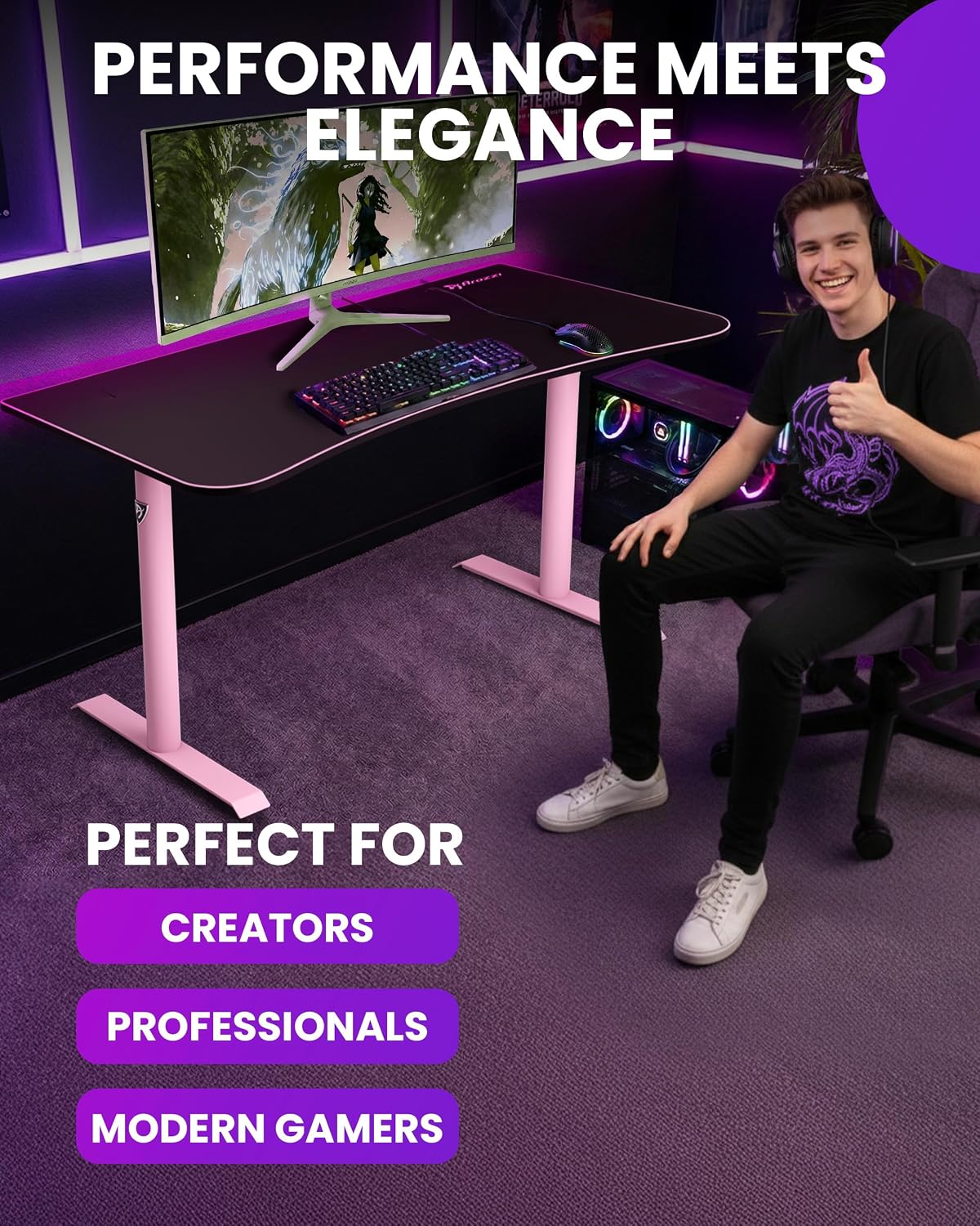 Arozzi Arena Medium Gamer Desk - 55x30' Steel Frame PC Gaming Desk with Storage for Cables & Dual-Monitor Support - Full-Surface Washable Mousepad - Pink