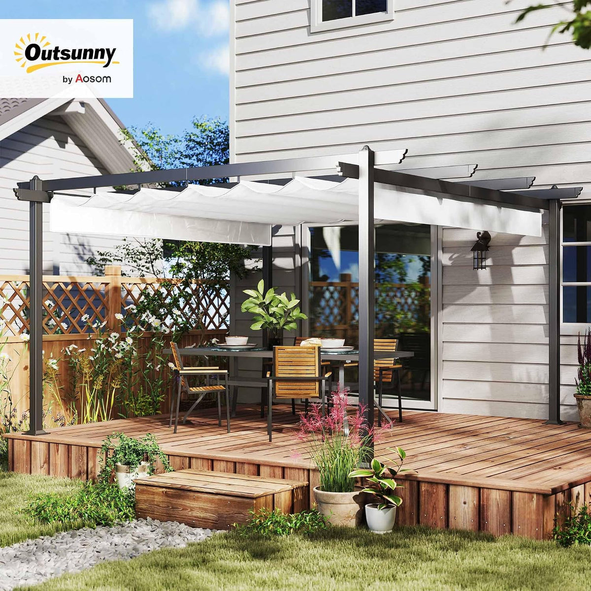 Outsunny 13' x 13' Retractable Pergola Canopy with Stronger Aluminum Frame, Outdoor Pergola Sun Shade Shelter for Garden, Patio, Backyard, Deck, White