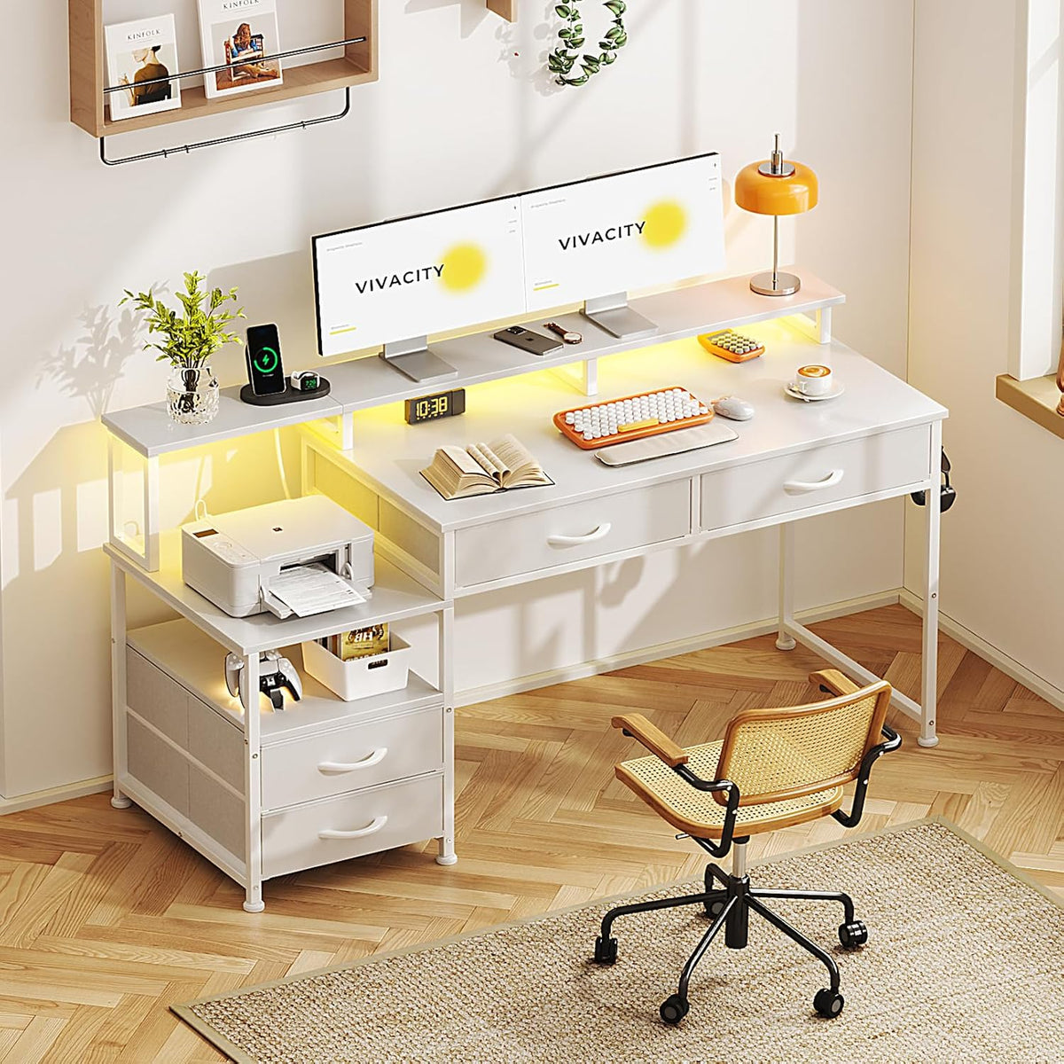 MUTUN 53' Computer Desk with 4 Drawers & Power Outlets, Reversible Home Office Desk with Monitor Stand & Printer Stand, Gaming Desk with Led Lights, Study Writing Work Desk Table for Bedroom (White)