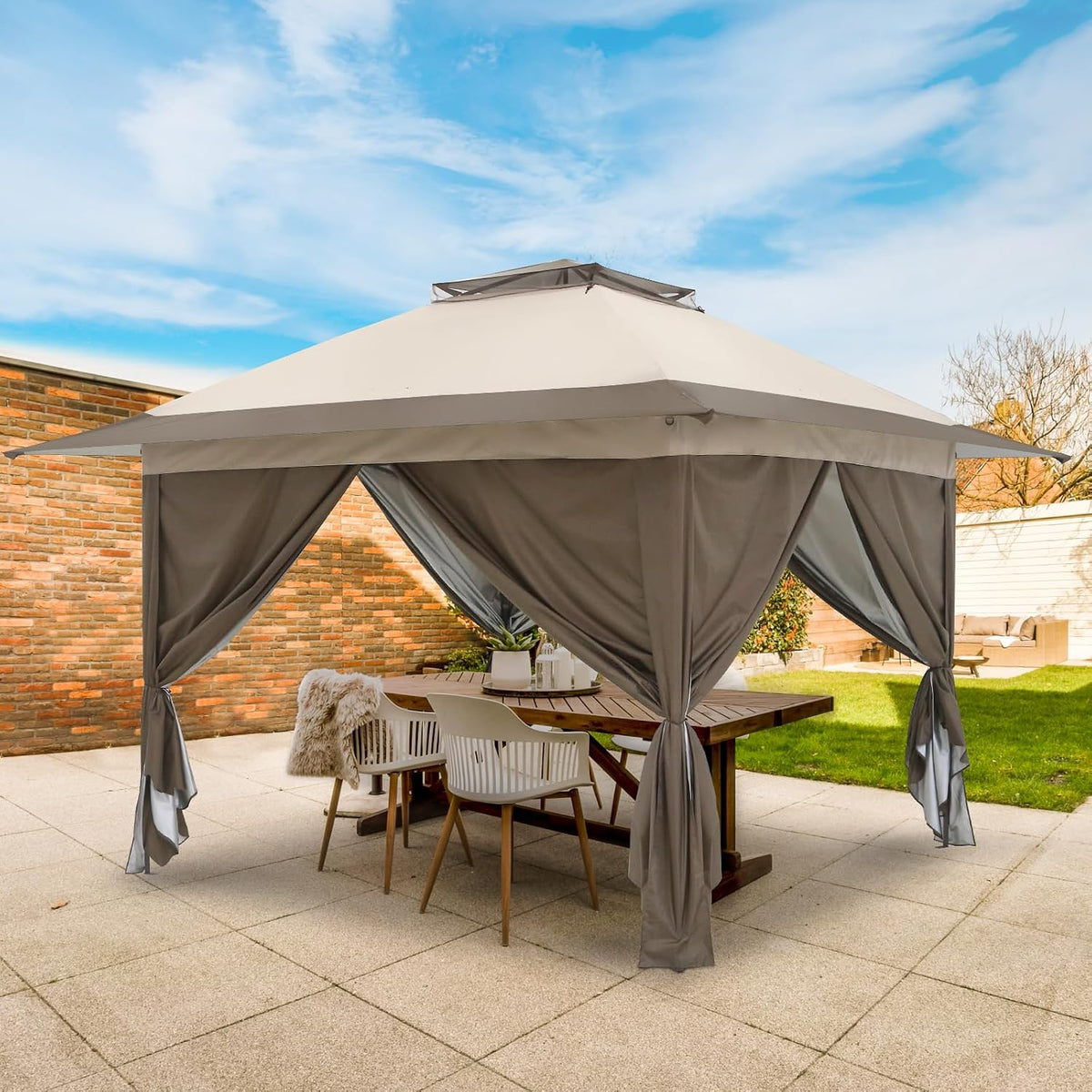 EAGLE PEAK 13x13 Pop Up Gazebo with 4 Wall Panels, Easy Up Canopy for Patio and Backyard, Easy Set up Outdoor Gazebo (Beige/Brown)