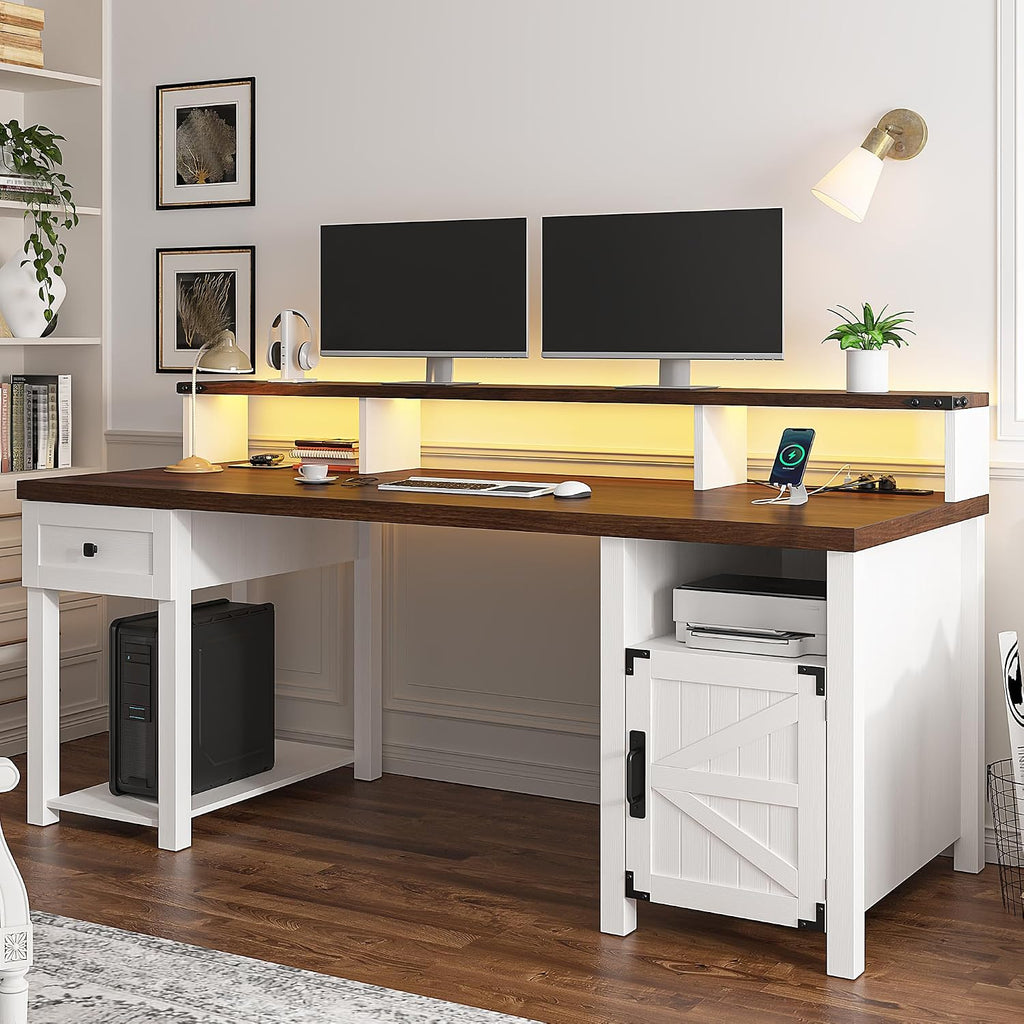 EnHomee Computer Desk with Drawers,23' D Home Office Desk with Storage,Wooden Desk with Monitor Stand,Farmhouse Desk with Printer Space and Power Outlets for Studio,Work, Study,Writing&Gaming,White
