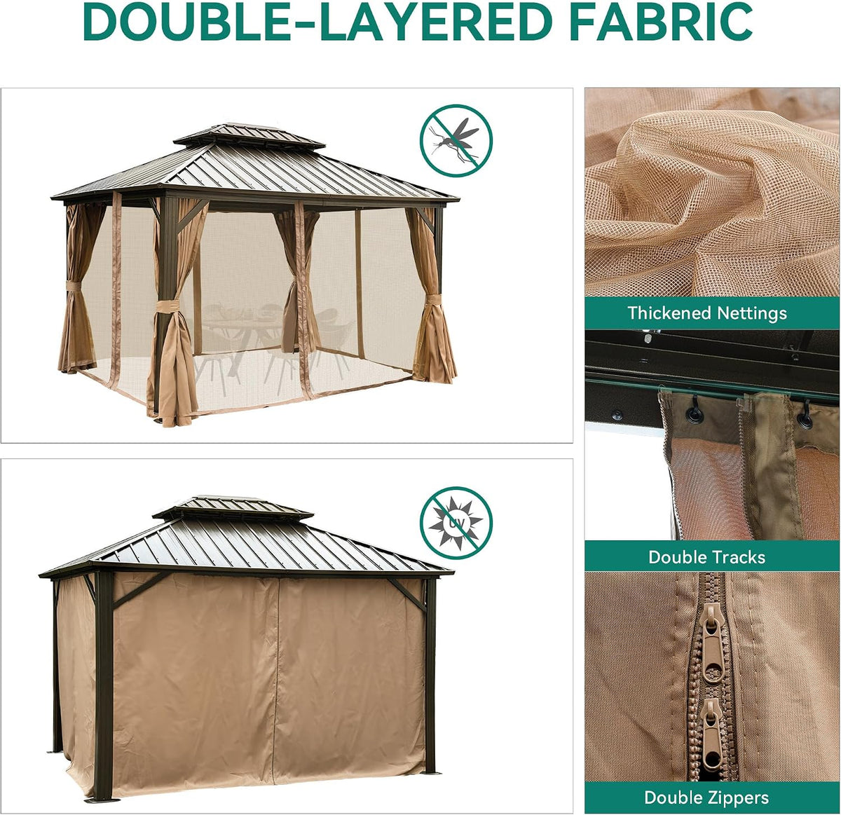 YITAHOME 10x12ft Gazebo Hardtop with Nettings and Curtains, Heavy Duty Double Roof Galvanized Steel Outdoor 2-Tier Aluminum Frame Garden Tent for Patio, Backyard, Deck and Lawns, Bronze