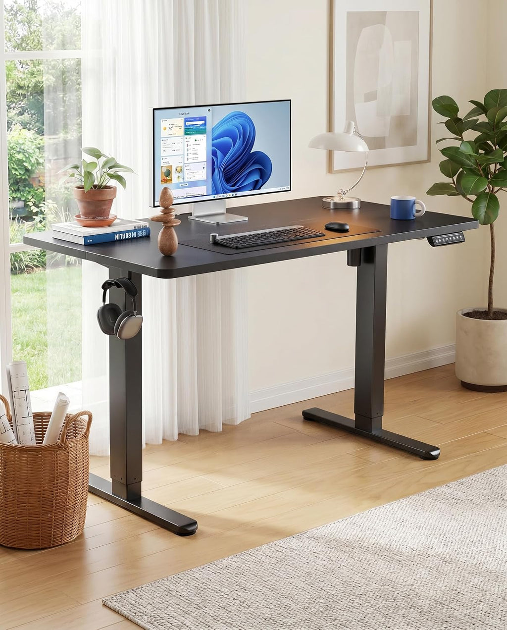 HUANUO Electric Standing Desk, Height Adjustable Desk, 4 Memory Height Settings, Black Sit to Stand Up Desk for Home Office, with Headphone Hook, Cable Manager