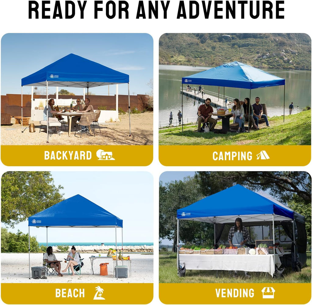 CROWN SHADES 8x8 Pop Up Canopy - Beach Tent with One Push Setup - Easy Outdoor Sun Shade for Events, Parties, Camping - Gazebo with STO-N-Go Cover Bag, Silver Coated Top, Blue