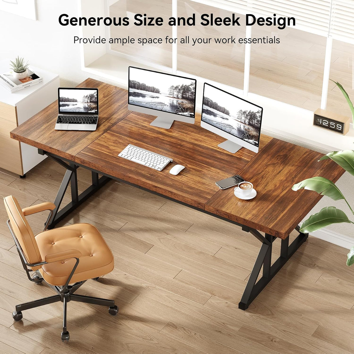 LITTLE TREE 70.8-Inch Office Desk, Wooden Executive Office Desk, Modern Work Desk, Large Farmhouse Writing Table Computer Desk for Home, Brown-Black