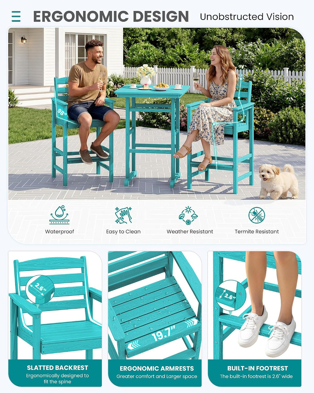 SERWALL Balcony Adirondack Chairs and Table 3 Pieces Set, Adirondack Bar Height Chairs Set of 2 and Bar Table, Outdoor Bar Stools Set for Bistro, Poolside, Backyard, Aruba