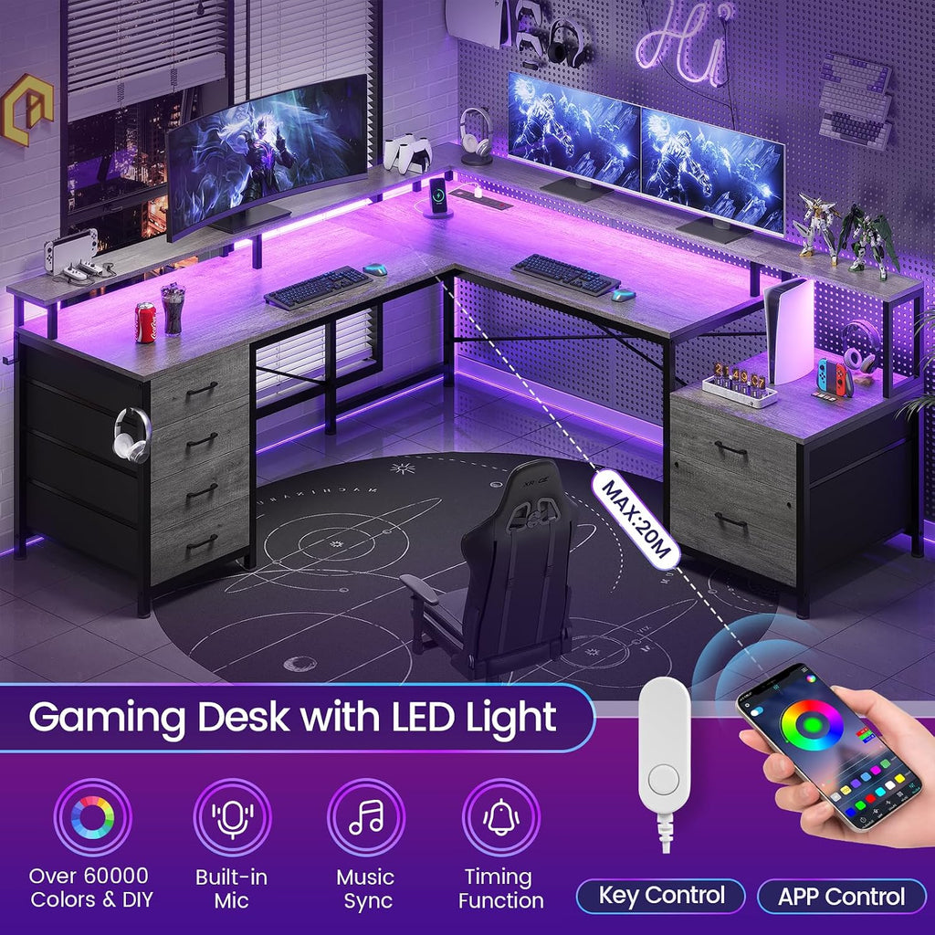SEDETA L Shaped Desk with 6 Drawer, 108' Home Office Desk with File Drawer & Power Outlet, Corner Computer Desk with Monitor Shelf, Two Person Desk, Gaming Desk with Led Lights, Grey