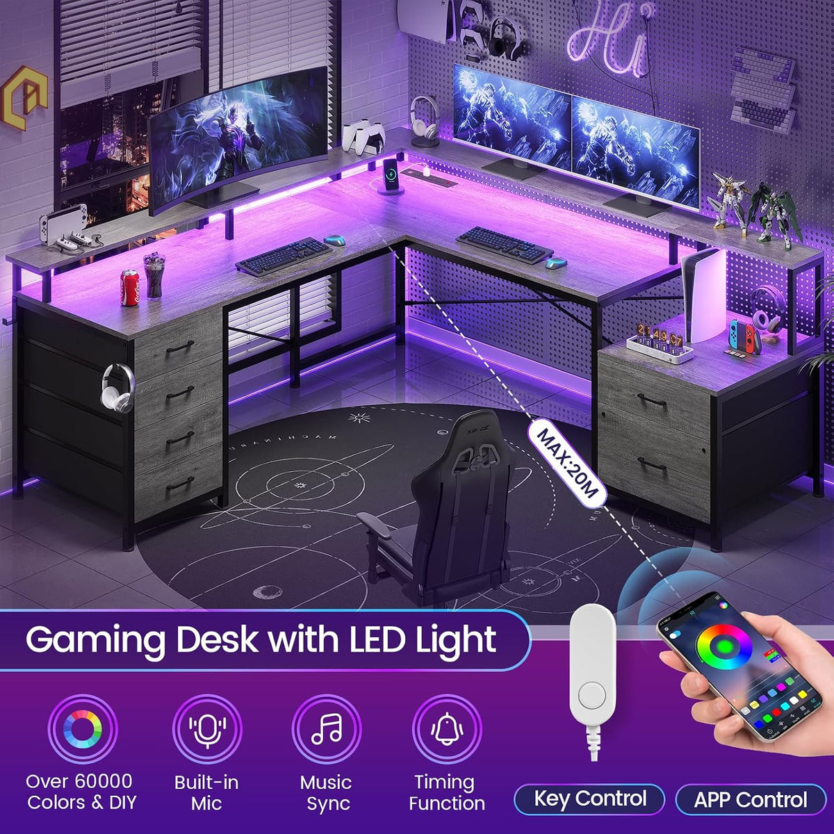 SEDETA L Shaped Desk with 6 Drawer, 108' Home Office Desk with File Drawer & Power Outlet, Corner Computer Desk with Monitor Shelf, Two Person Desk, Gaming Desk with Led Lights, Grey
