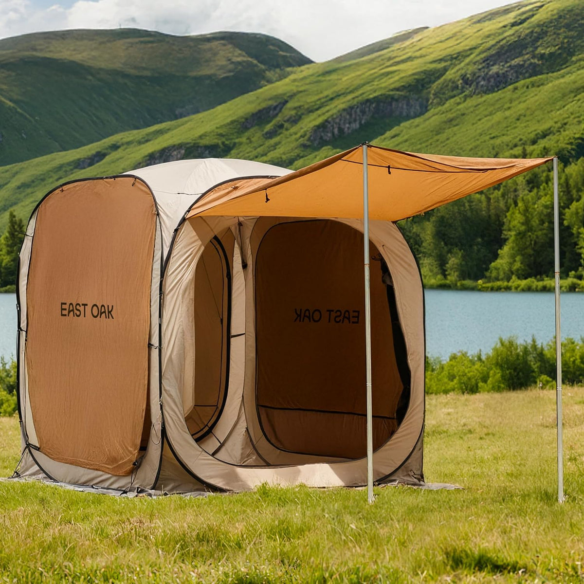 East Oak 6×6 FT Pop Up Canopy Tent with Mesh | Outdoor Screen House with 4 Sunshades | Instant Canopy with Portable Carry Bag | Gazebo Tent for Camping, Patio, and Beach | Beige