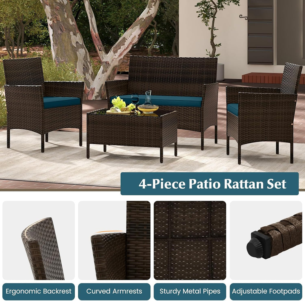 ORALNER 4 Pieces Patio Furniture Set, Rattan Chairs Loveseat with Soft Cushion and Glass Table, Outdoor Wicker Conversation Set for Balcony Garden Backyard Porch Poolside (Peacock Blue)