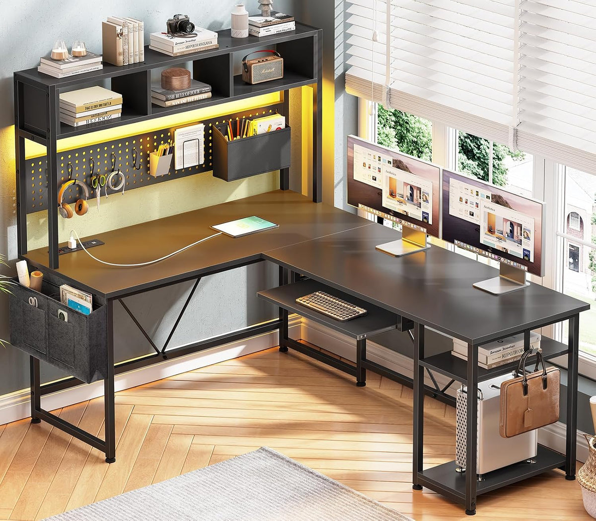 SEDETA L Shaped Gaming Desk with Hutch, 57.5' Reversible Corner Computer Desk with Storage Shelves, Gaming Desk with Pegboard, LED Lights, Power Outlet, Keyboard Tray and Storage Bag, Black