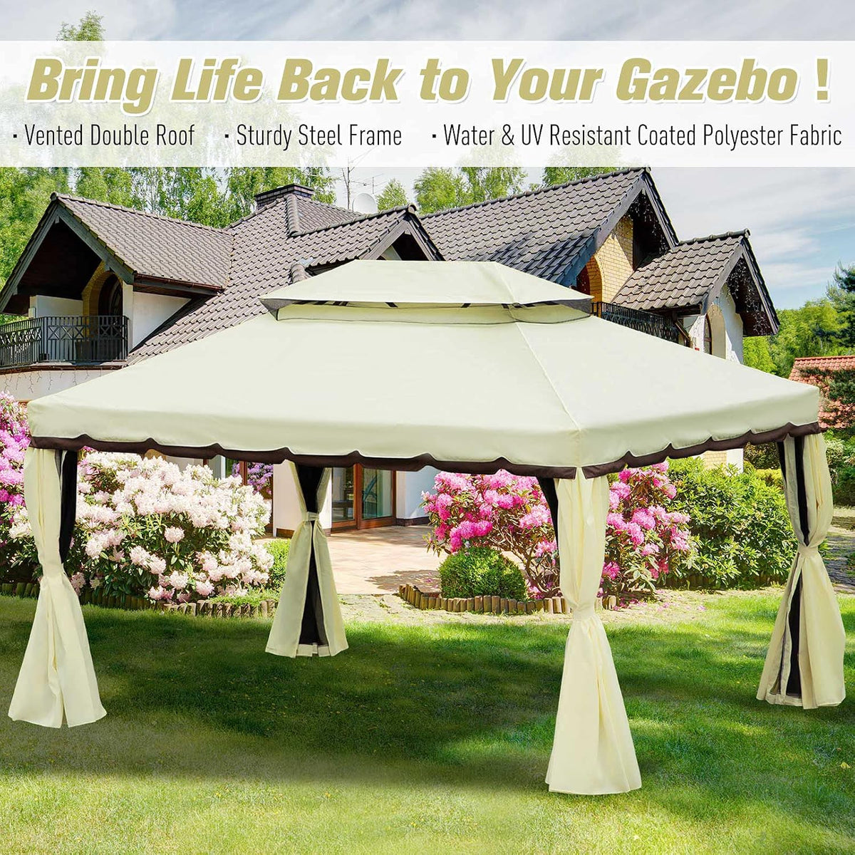 Outsunny 10' x 13' Patio Gazebo, Outdoor Gazebo Canopy Shelter with Netting and Curtains, Aluminum Frame for Garden, Lawn, Backyard and Deck, Cream White