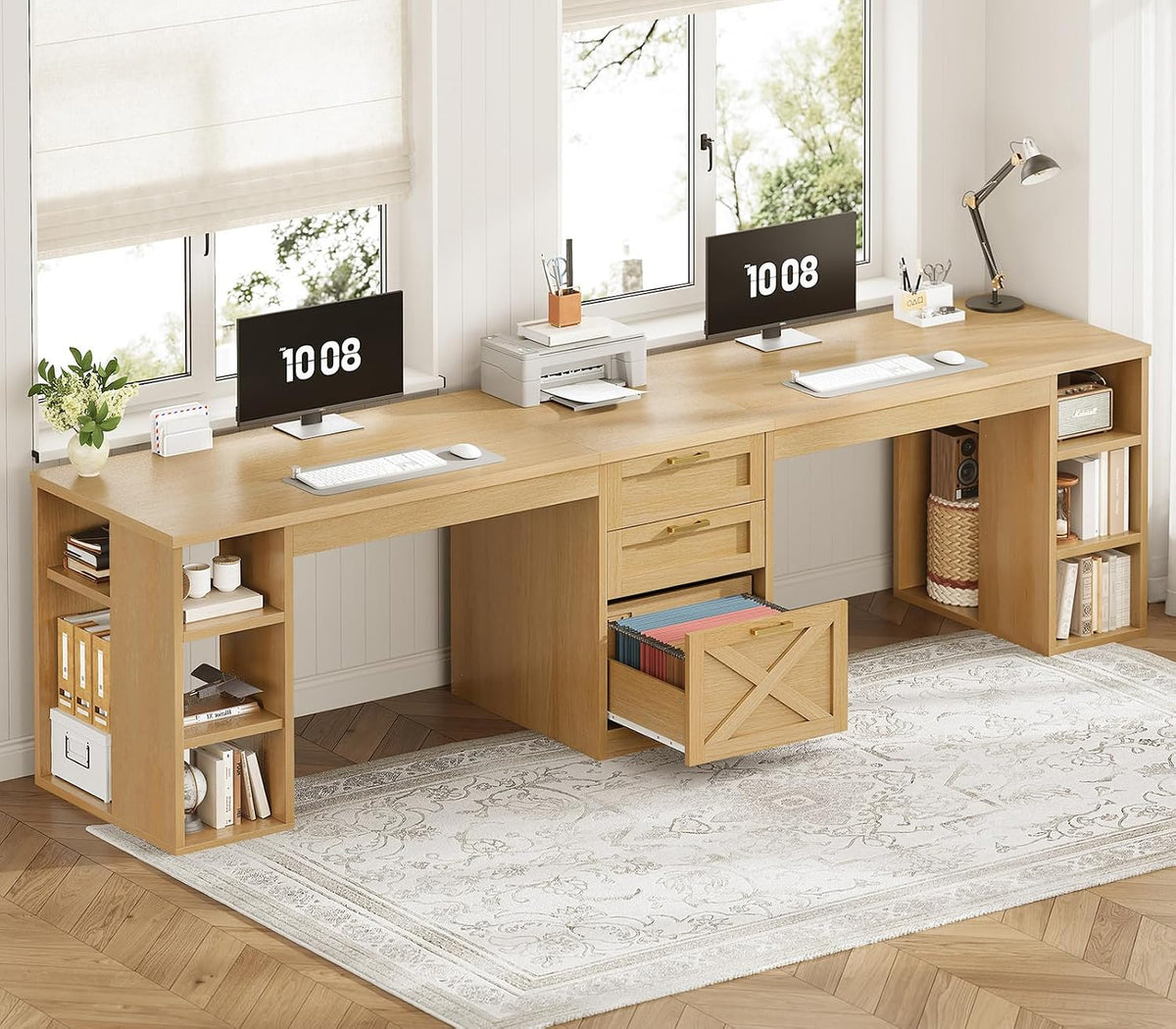 SEDETA Farmhouse 96.5' Computer Desk with Drawers, 2 Person Home Office Desk, Gaming Double Desk with Storage Shelves, Long Two Person Writing Desk, Oak