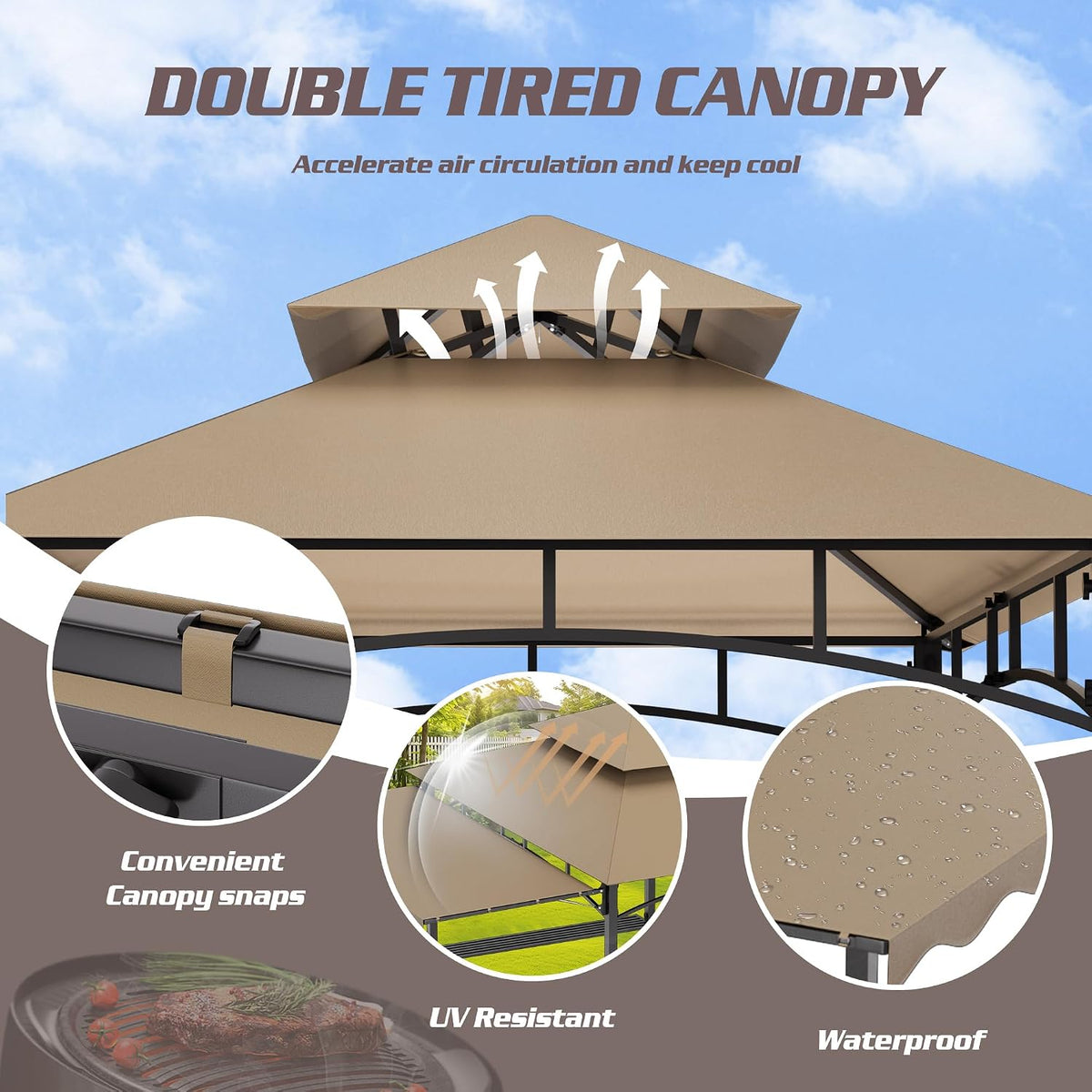 8'X8' Grill Gazebo Canopy - Heavy Duty Steel Frame, Double Tiered Grill Canopy for Outdoor Grill W/Shelves, Ceiling Hooks, Ground Stakes, Patio Canopys Tent BBQ Gazebo Backyard (Kahki)
