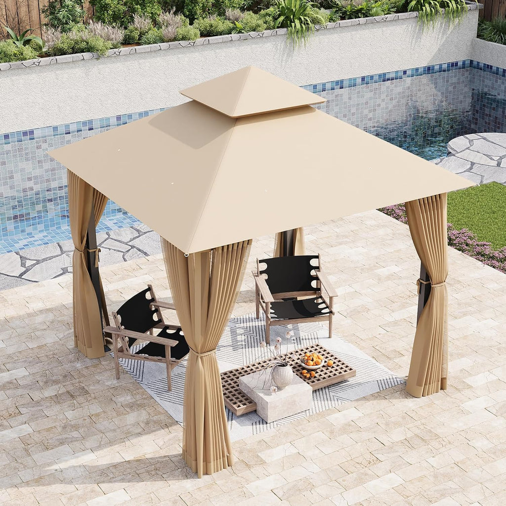 Aoxun 8x8 Gazebo with Double Roof & Mosquito Netting Outdoor Heavy-Duty Party Tent, Patio Tent with Zipper Screens - Backyard Garden Lawn Shelter Includes Wind Ropes Expansion Bolts, Beige
