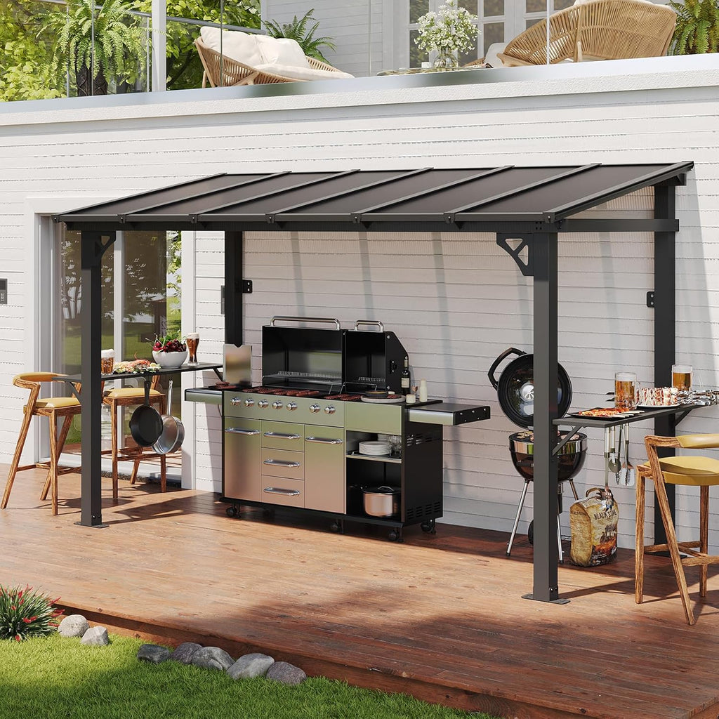 Aoxun 12x6 FT Gazebo with Polycarbonate Panel, All-Weather Outdoor BBQ Canopy with Sloping Steel Roof, Grill Gazebo with 2 Side Shelves & Hooks, Permanent Metal Gazebo for Patio, Backyard, Deck