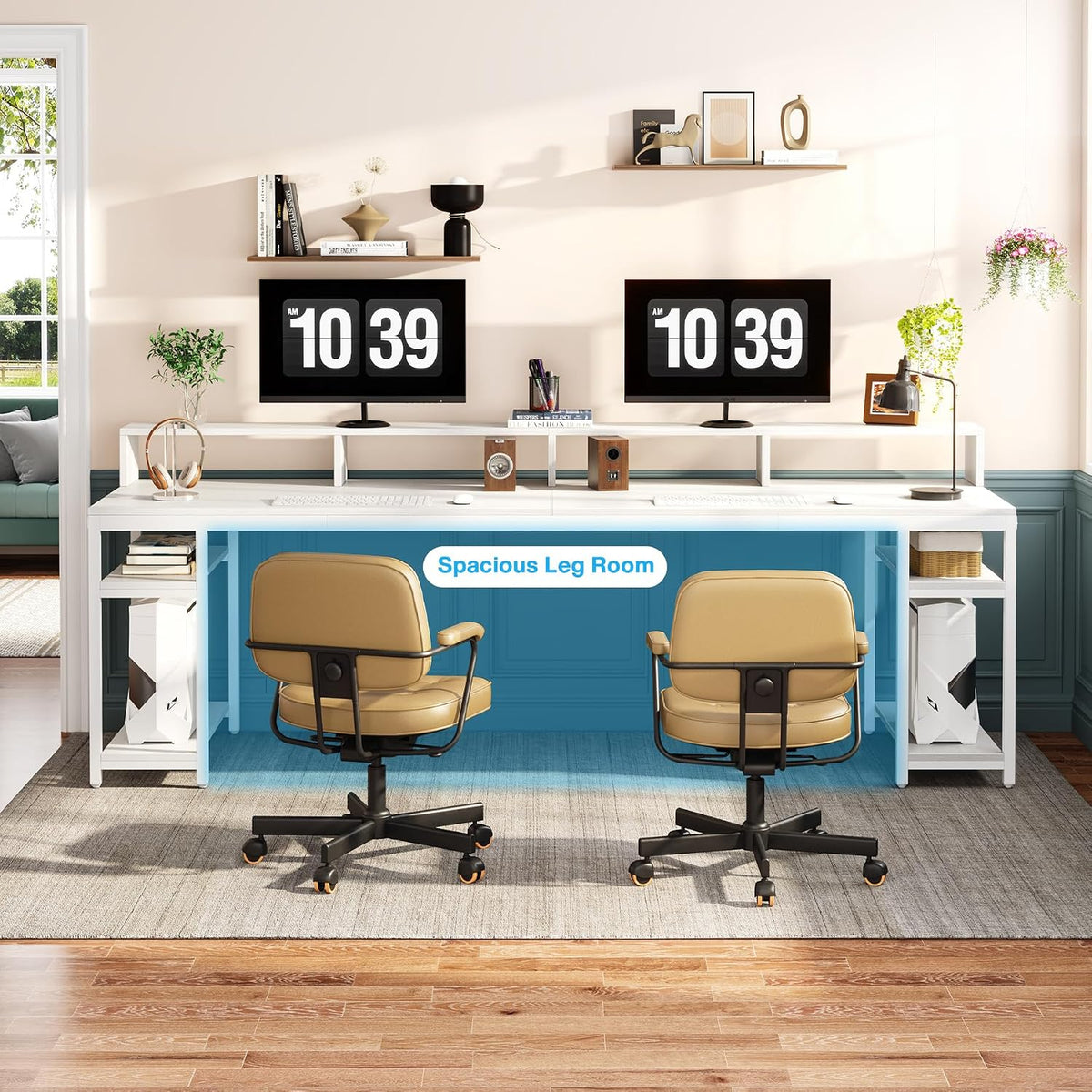 Tribesigns Two Person Desk with Monitor Stand, 78.74' Long Double Computer Office Desk with Storage Shelves, Large Gaming Desk Study Writing Table Workstation for Home Office (White)
