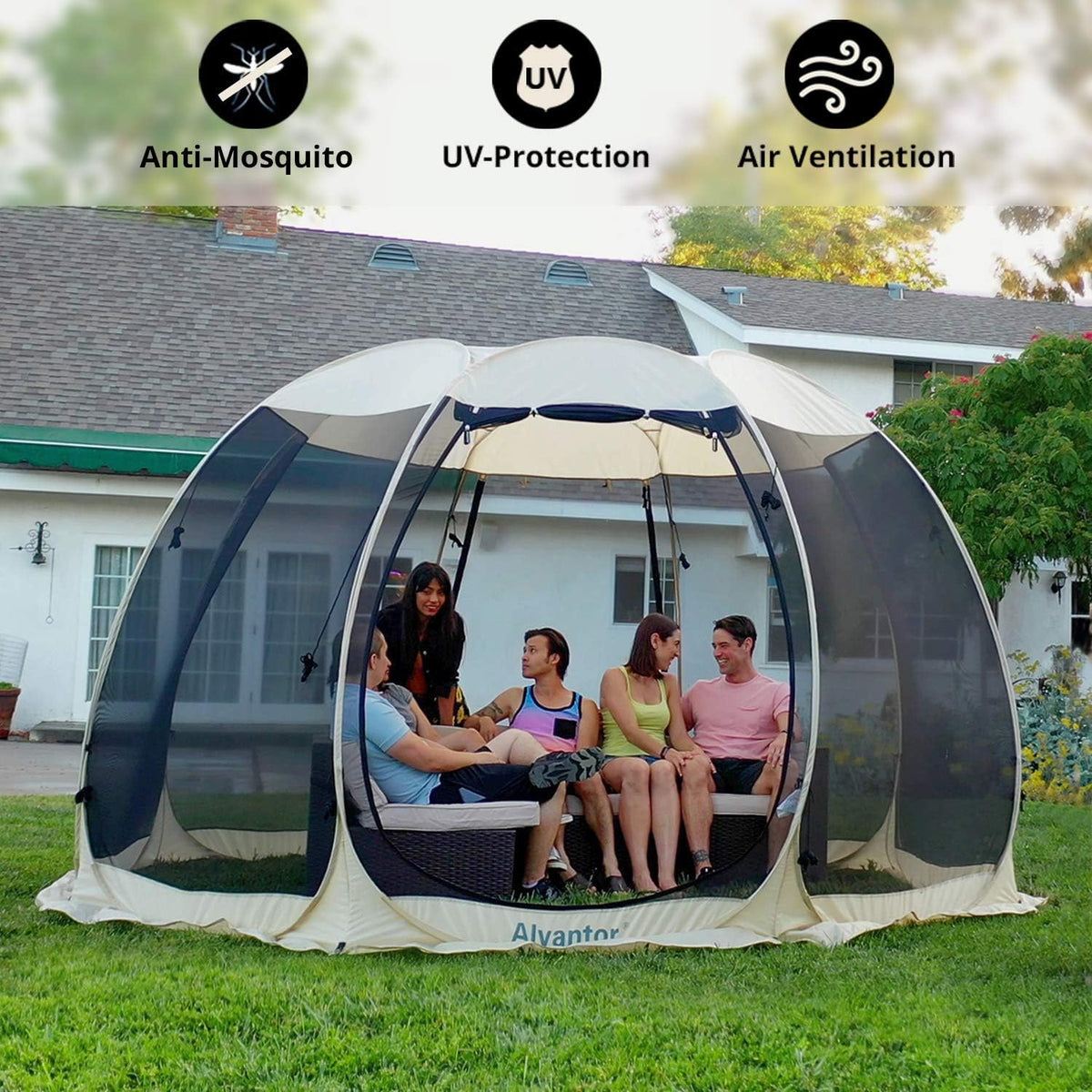Alvantor® Screen House Room Camping Tent Outdoor Canopy Pop Up Sun Shade Shelter 10 Mesh Walls Not Waterproof Beige 15'x15' Patent Pending