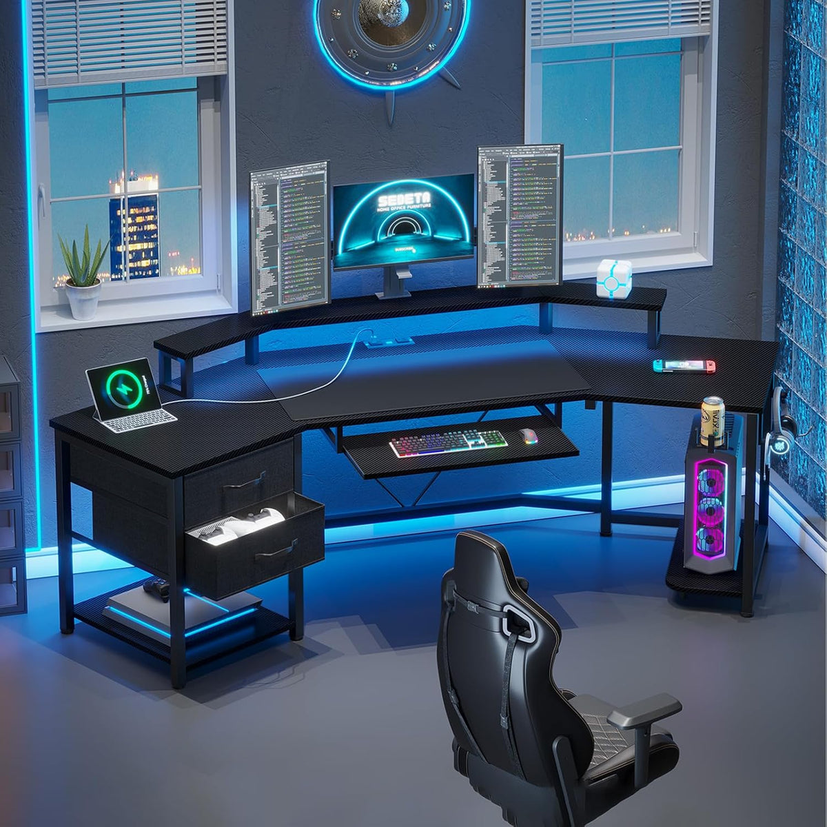 SEDETA 79' Gaming Desk, Computer Desk with 2 Fabric Drawers & LED Light, L Shaped Gaming Desk with Storage Shelf for Home Office, Carbon Fiber Black