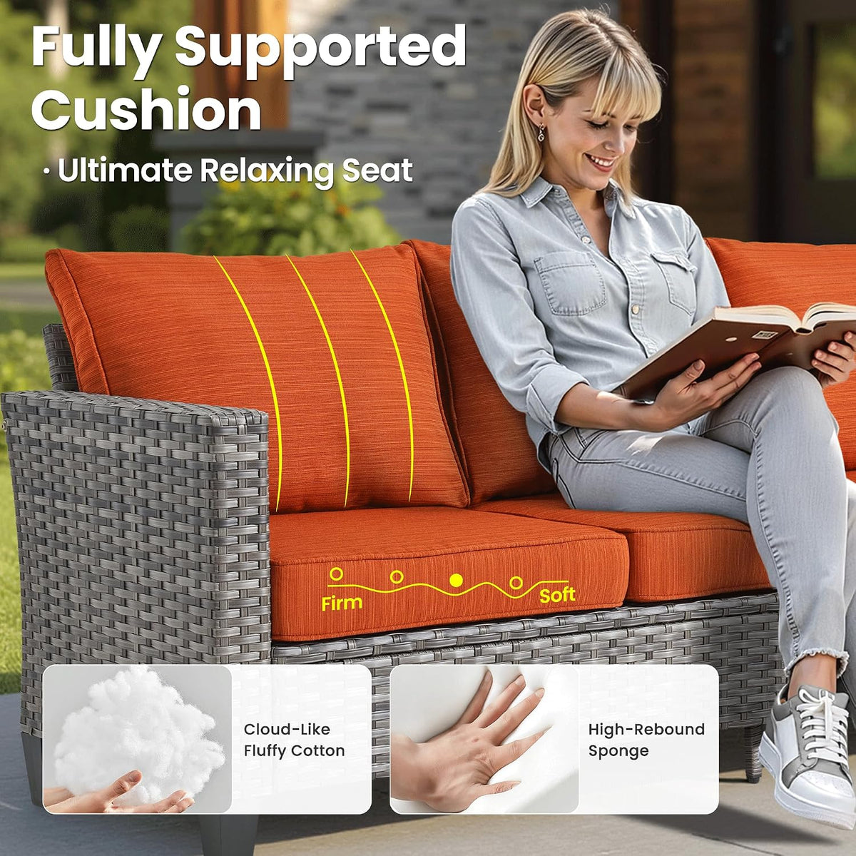ovios 6 Pieces Patio Furniture Set with 30' Fire Pit Table, Outdoor Wicker Sofa with Comfy Cushions, All Weather High Back Rattan Couch Conversation Set, Orange Red